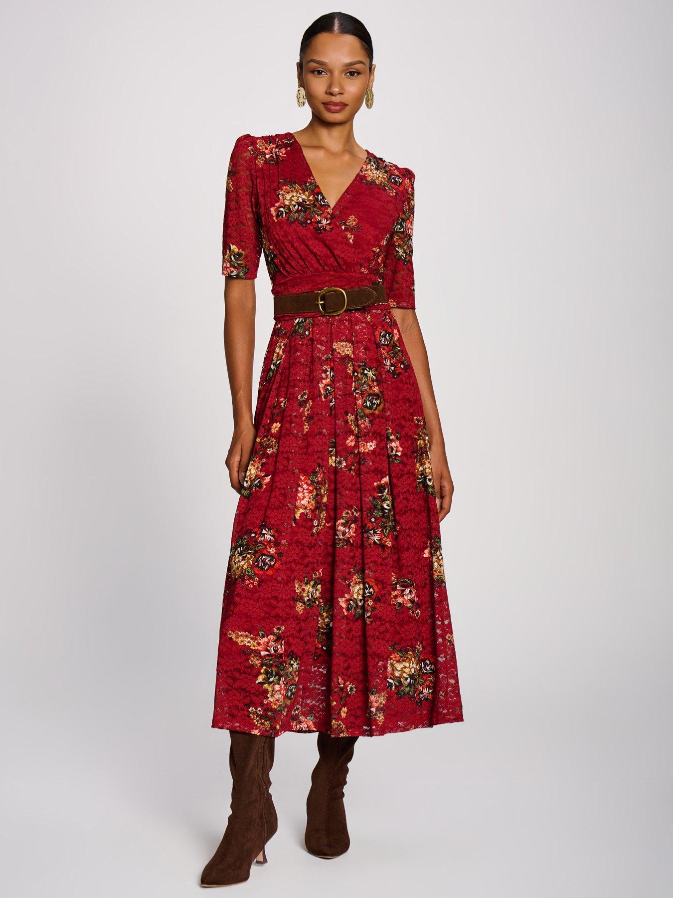 Image 7 of 7 of Jolie Moi Womens Lace Wrap V-Neck Floral Maxi Dress - Red