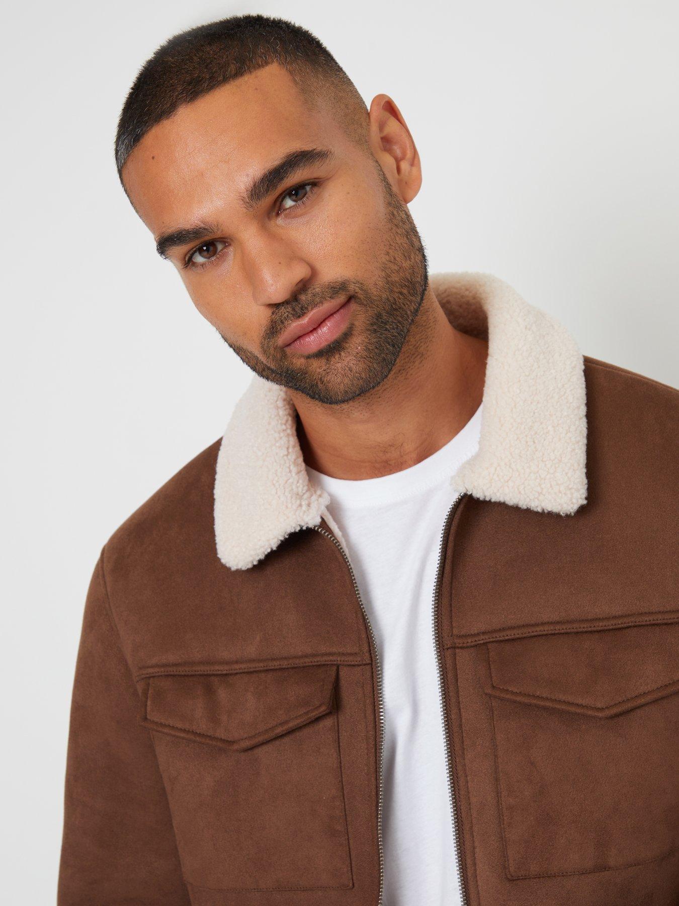 Image 4 of 4 of Threadbare Faux Suede Borg Collar Jacket In Taupe