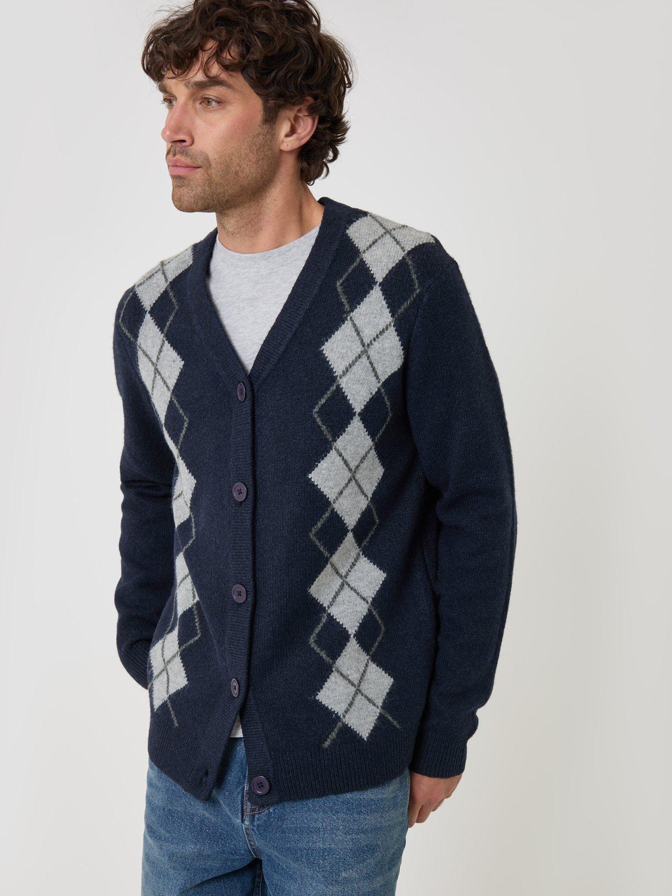Image 1 of 4 of Threadbare Mens Argyle V-Neck Cardigan - Navy