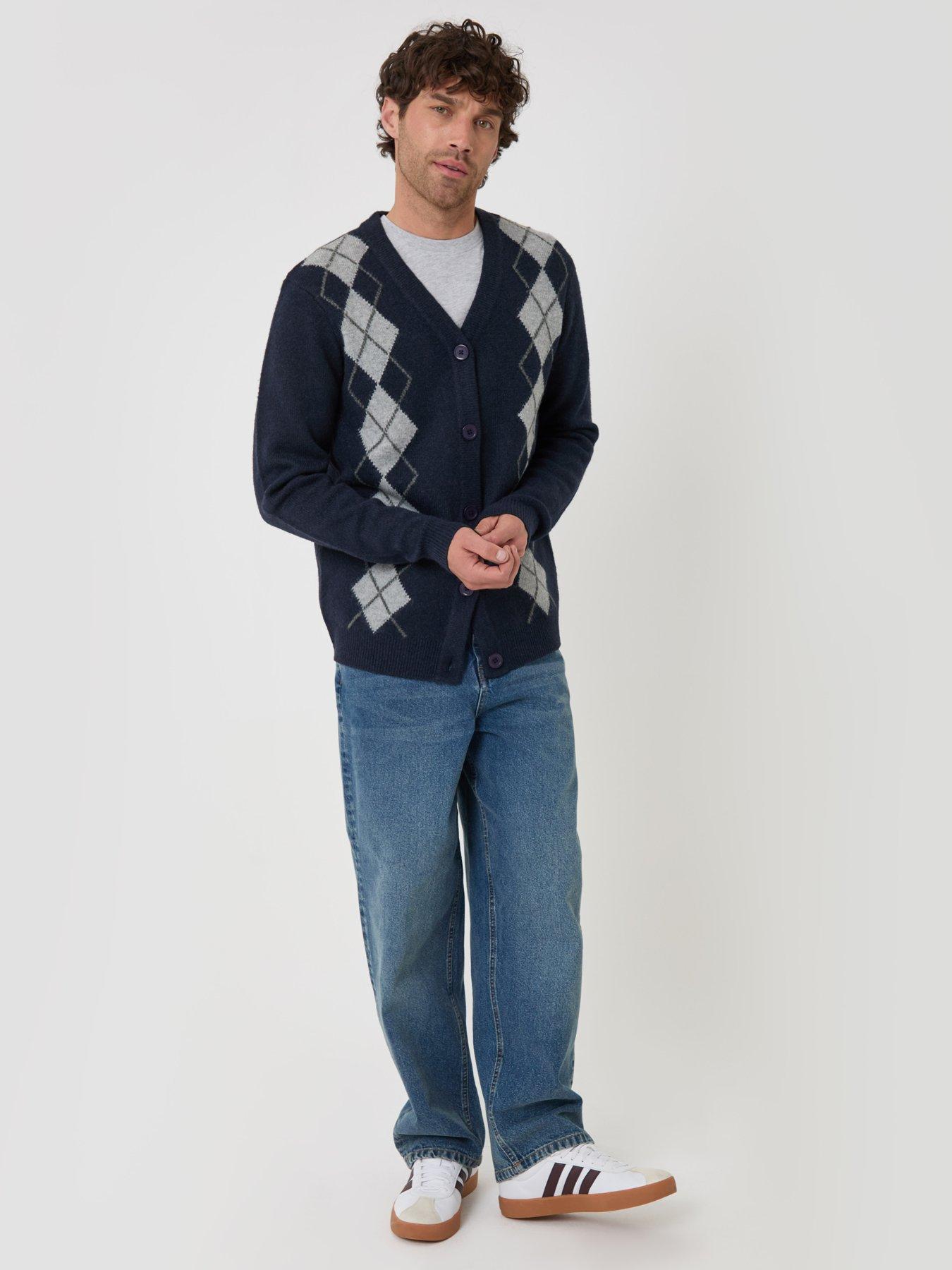 Image 3 of 4 of Threadbare Mens Argyle V-Neck Cardigan - Navy