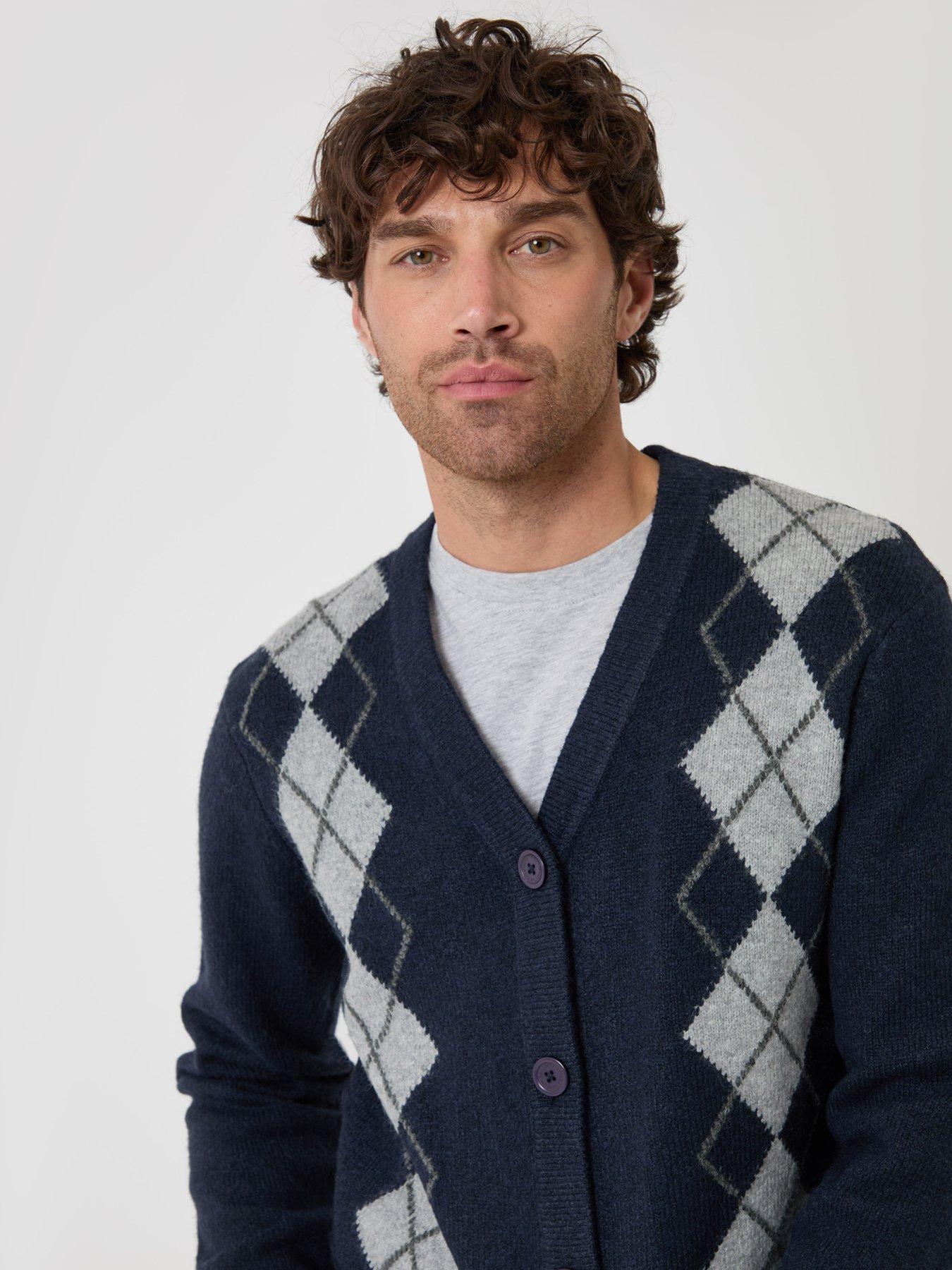 Image 4 of 4 of Threadbare Mens Argyle V-Neck Cardigan - Navy