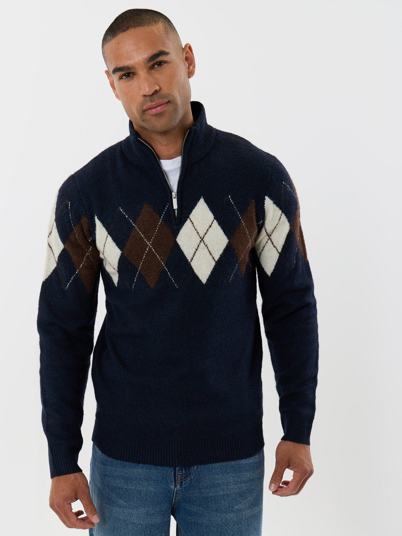 Image 1 of 4 of Threadbare Mens Quarter Zip Arqyle Wool Blend Jumper - Navy