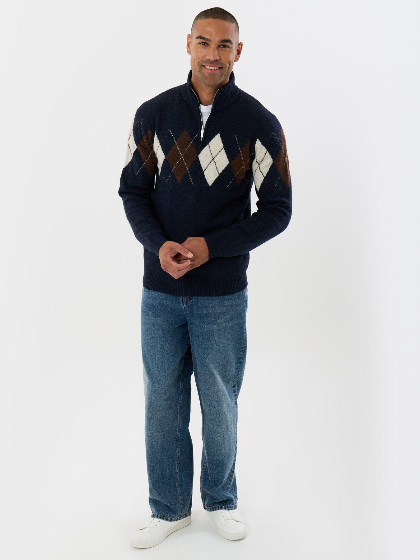 Image 4 of 4 of Threadbare Mens Quarter Zip Arqyle Wool Blend Jumper - Navy