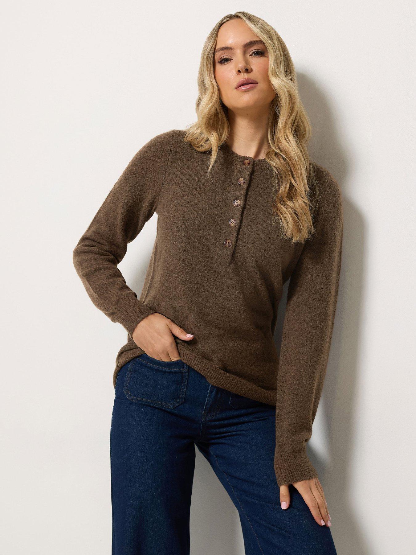 Image 1 of 4 of Long Tall Sally Womens Tall Half Button Jumper - Brown