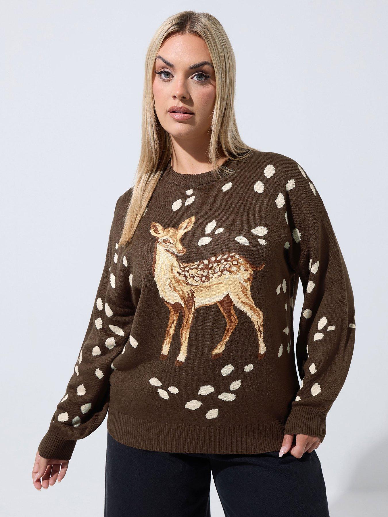 Image 4 of 4 of Yours Curve Deer Knitted Balloon Sleeve Jumper