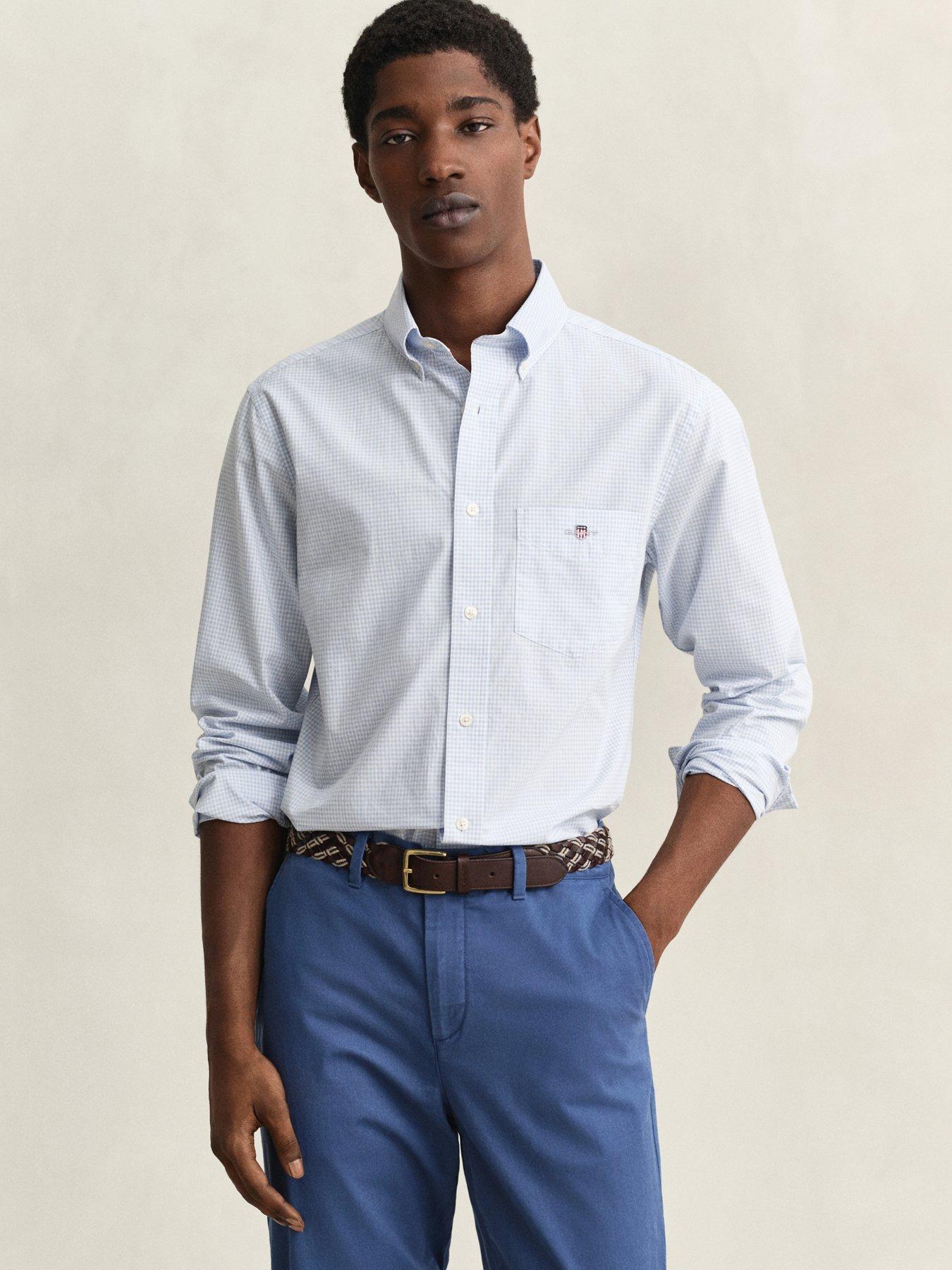Image 1 of 5 of GANT Mens Regular Fit Poplin Gingham Button-Down Collar Shirt - Light Blue