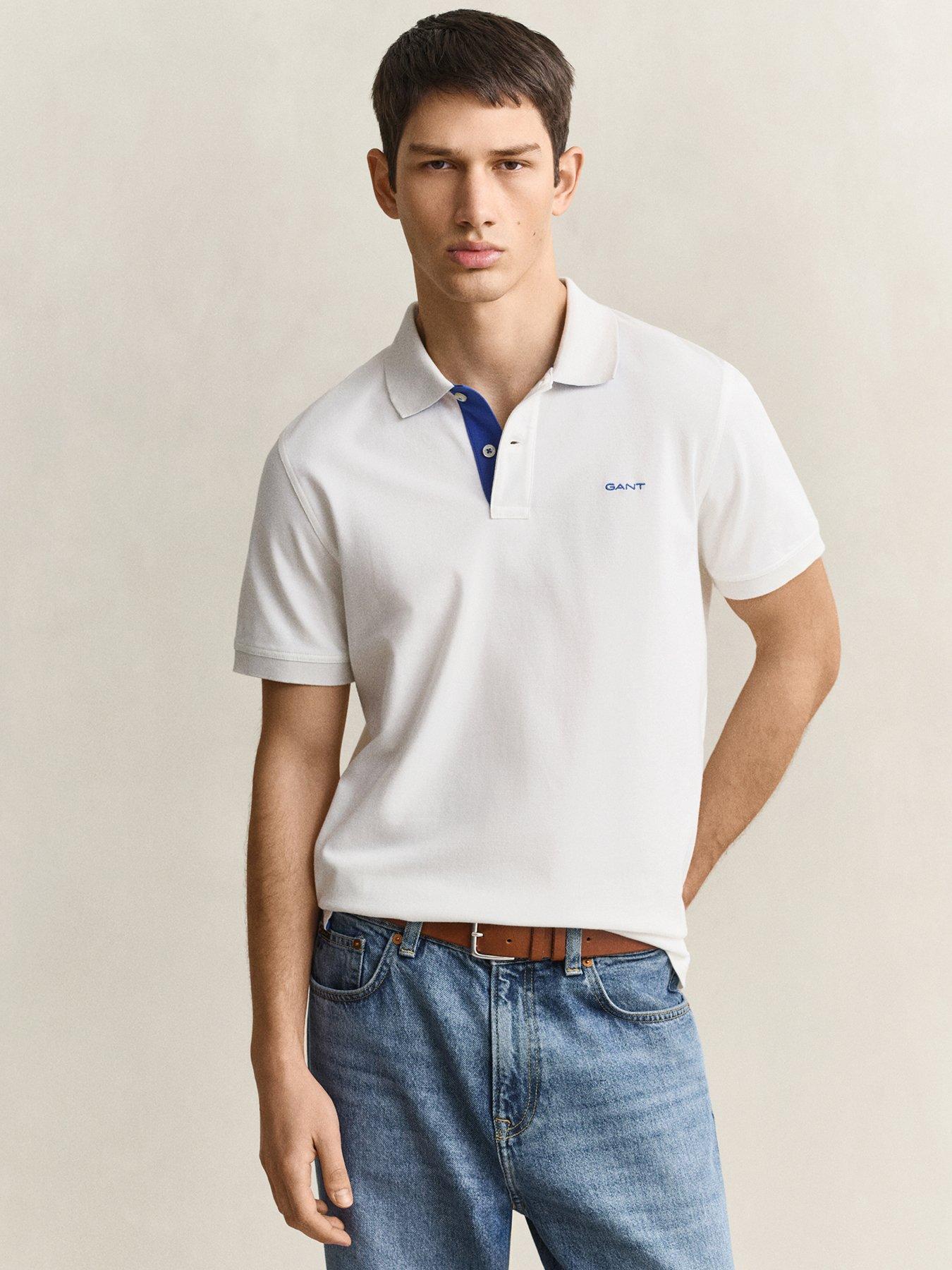 Image 1 of 4 of GANT Mens Contrast Placket Stretch Cotton Polo Shirt - White
