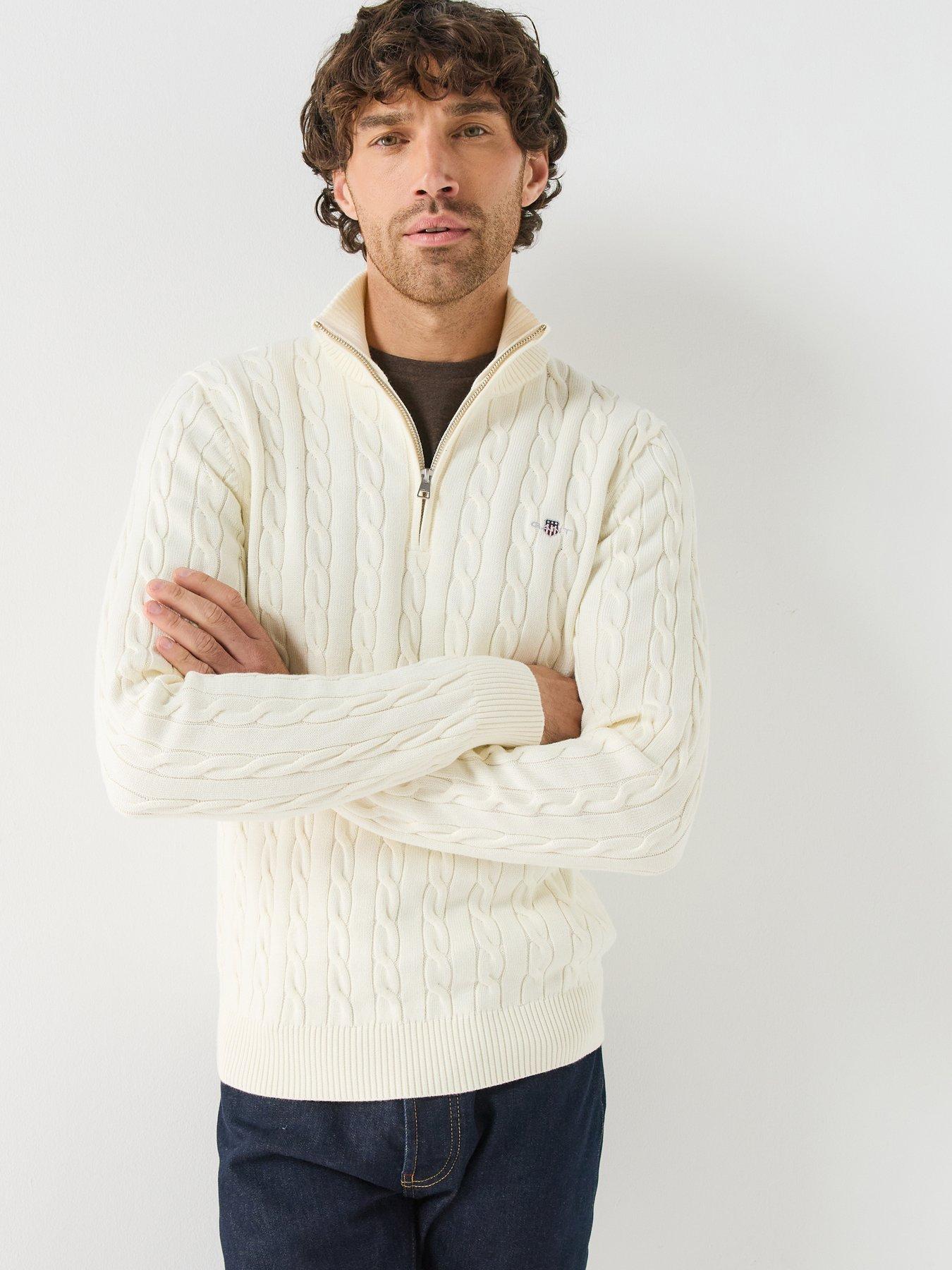 Image 1 of 6 of GANT Mens Cable Knit Half Zip Sweater - Cream