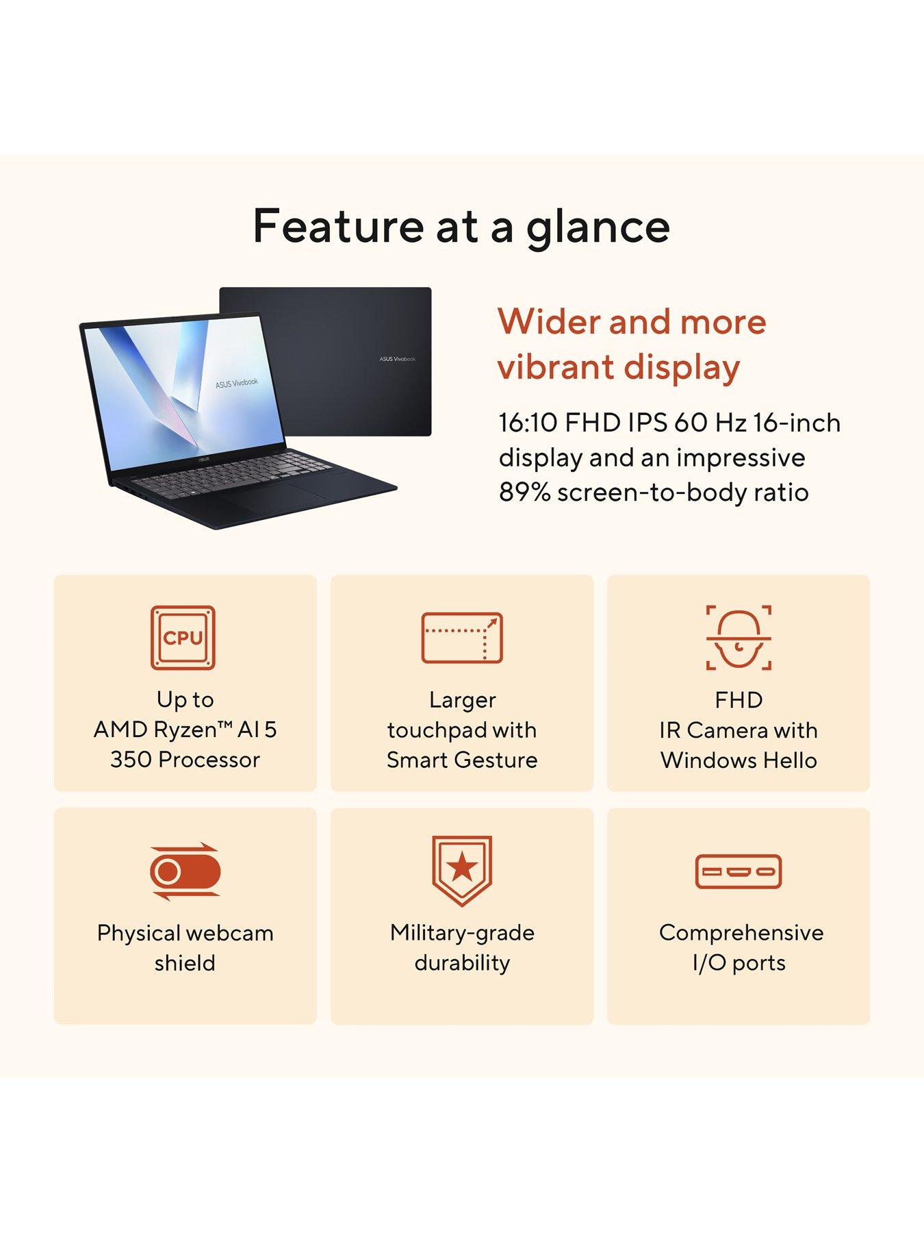 Image 7 of 7 of Asus Vivobook 16 16in WUXGA 1920 x 1200 Laptop - AMD Ryzen AI 5 330 - 16GB RAM, 512GB SSD - Grey - No Power Adaptor Included