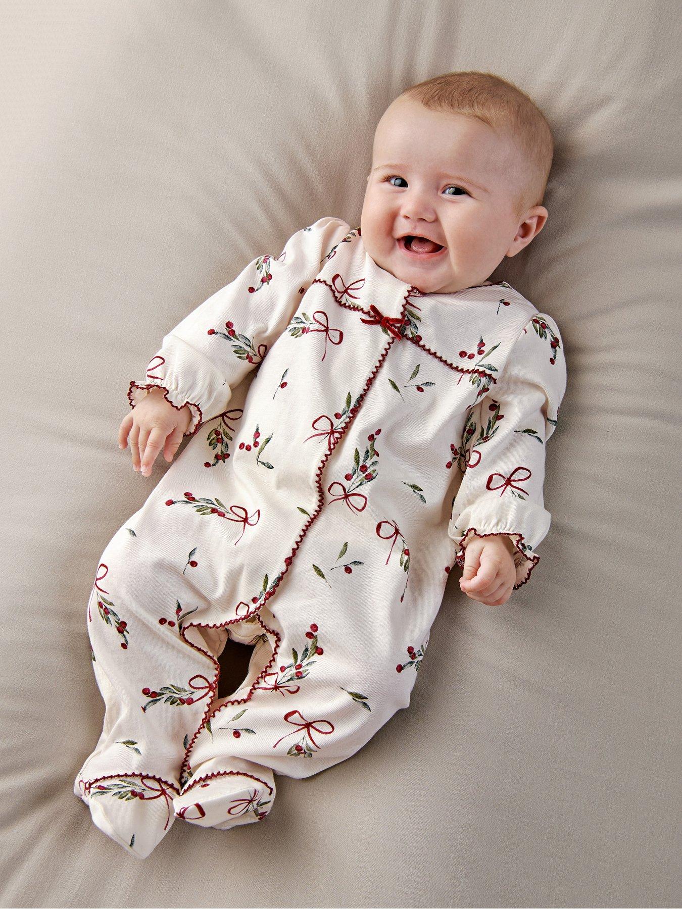 Mamas & Papas Baby Girls Berry Bow Print Christmas Sleepsuit - White
