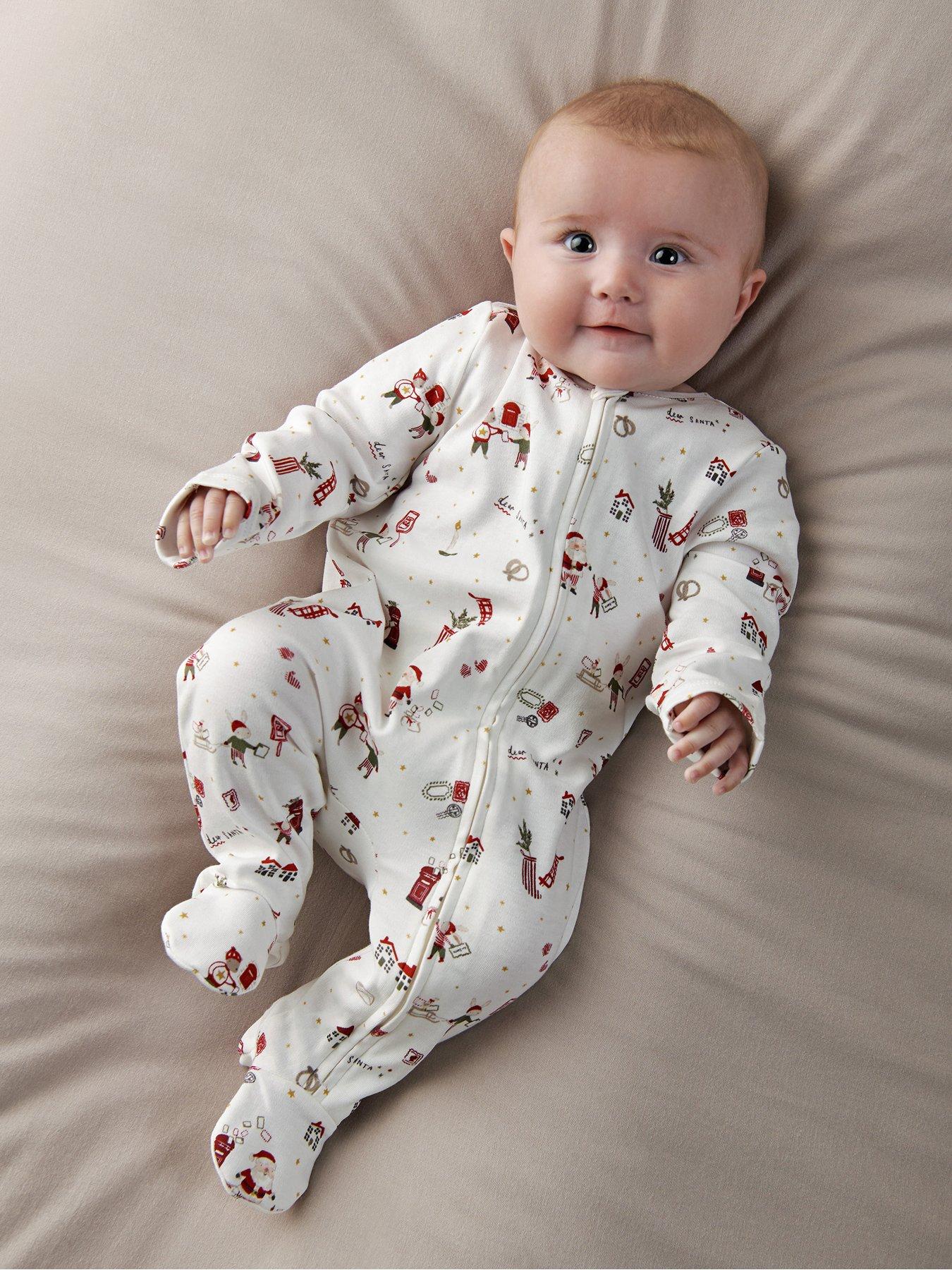 Mamas & Papas Baby Unisex Santa Christmas Print Sleepsuit - White