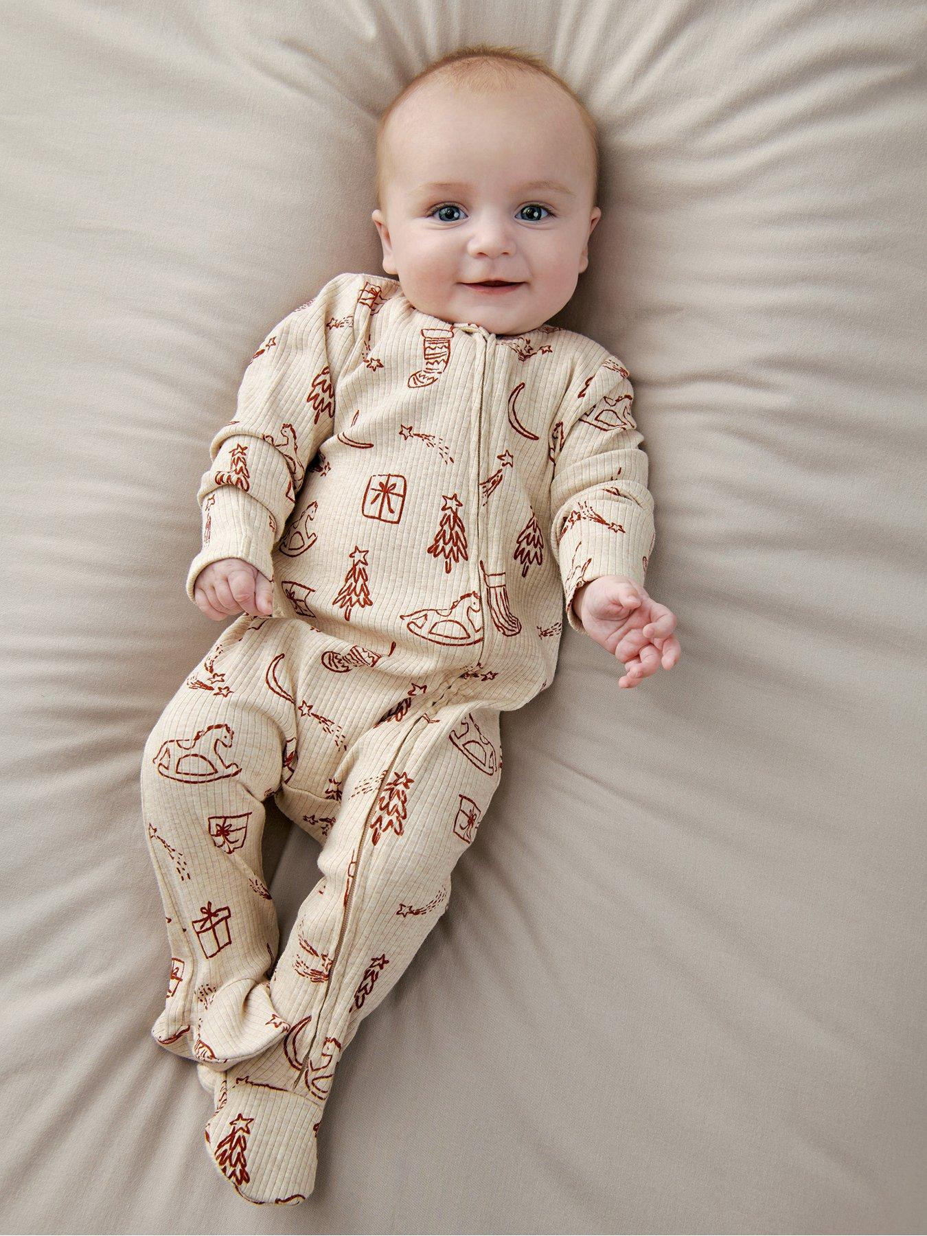 Mamas & Papas Baby Unisex Christmas Ribbed Zip Sleepsuit - Beige