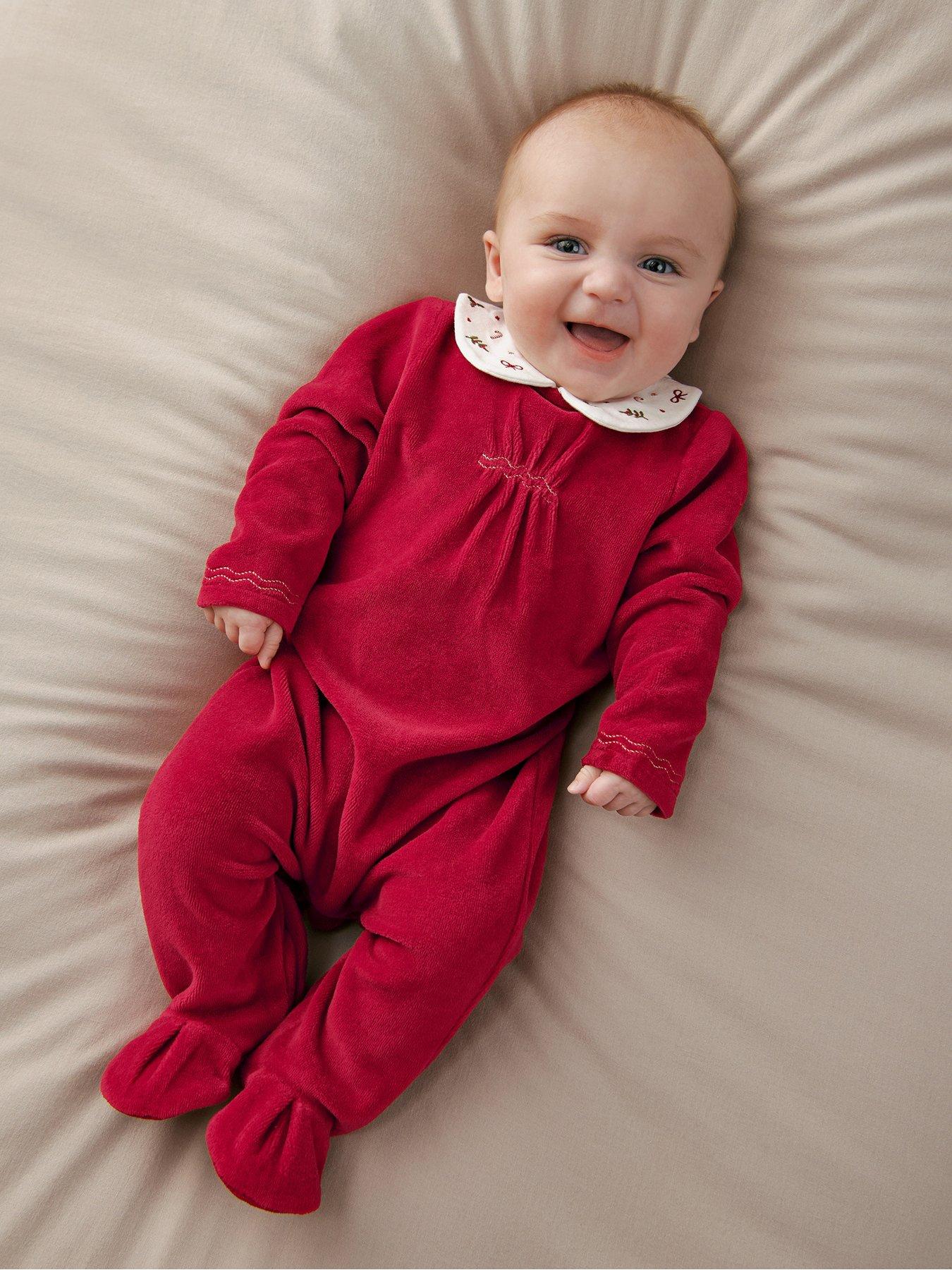 Image 1 of 7 of Mamas & Papas Baby Unisex Embroidered Velour Christmas Sleepsuit - Red