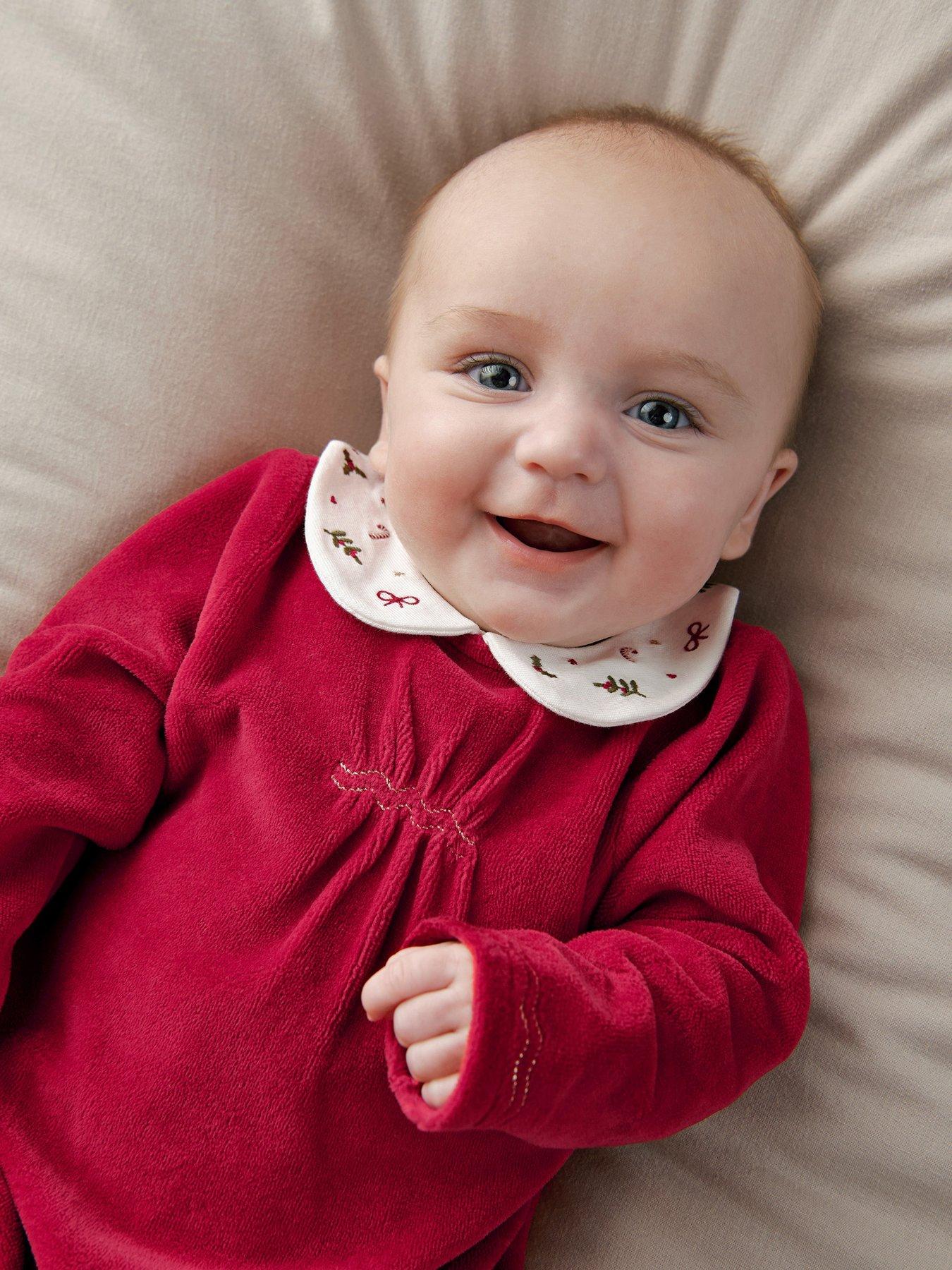 Image 3 of 7 of Mamas & Papas Baby Unisex Embroidered Velour Christmas Sleepsuit - Red