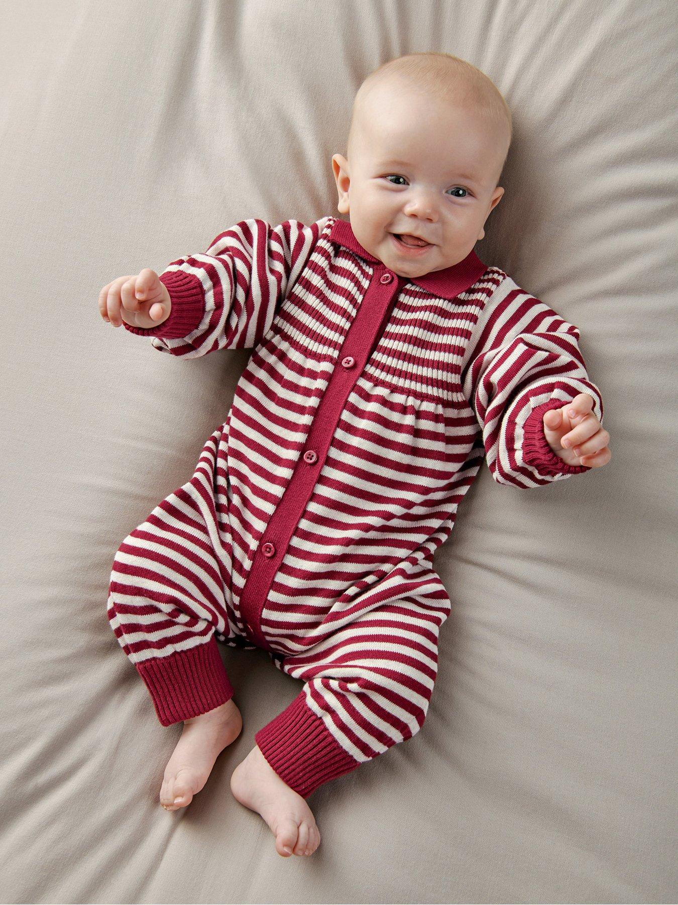 Mamas & Papas Girls Christmas Striped Knitted Button Front Romper - Red