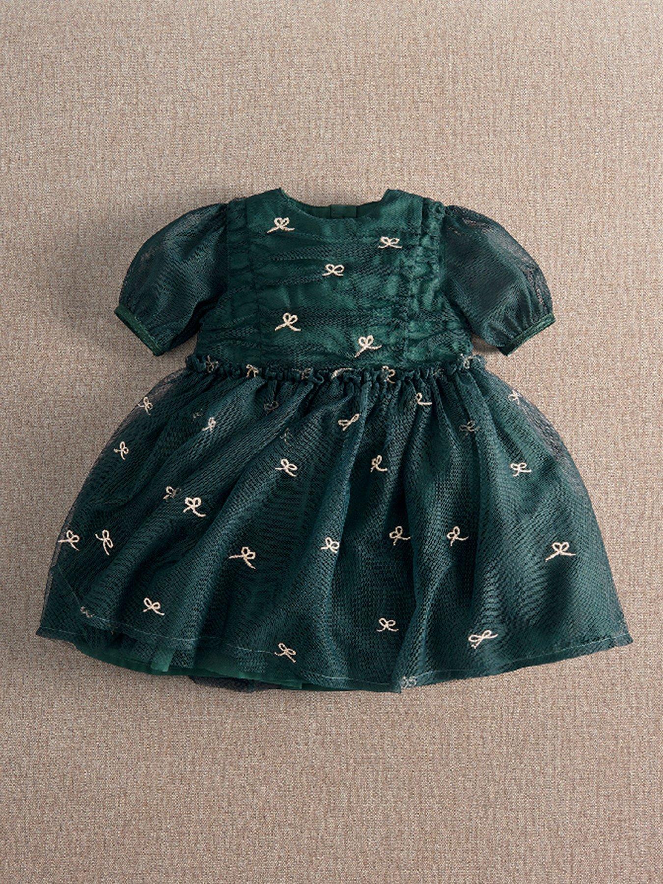 Mamas & Papas Baby Girls Bow Embroidered Mesh Dress - Green