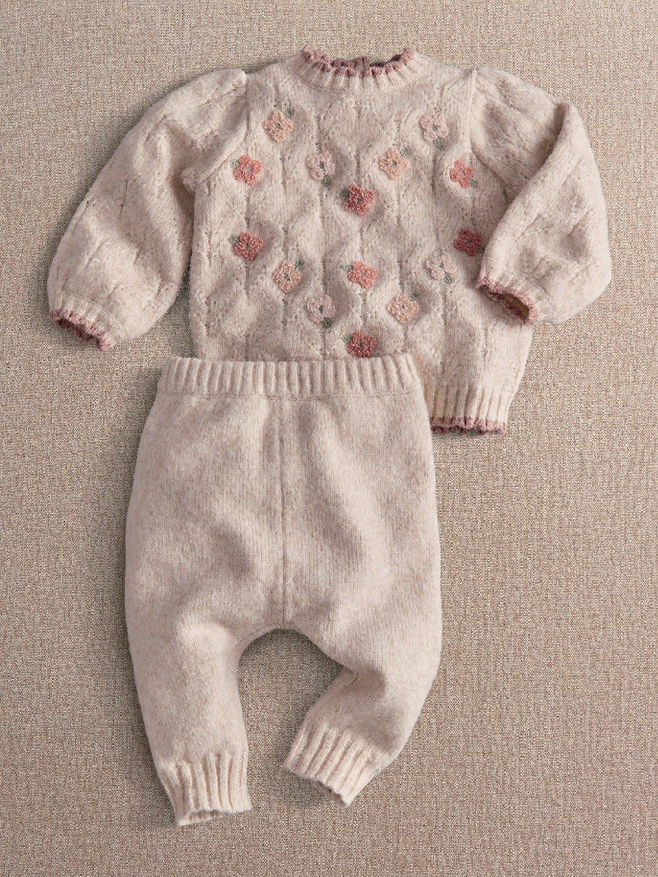 Mamas & Papas Baby Girls 2 Piece Floral Knitted Jumper & Bottoms Set - Cream