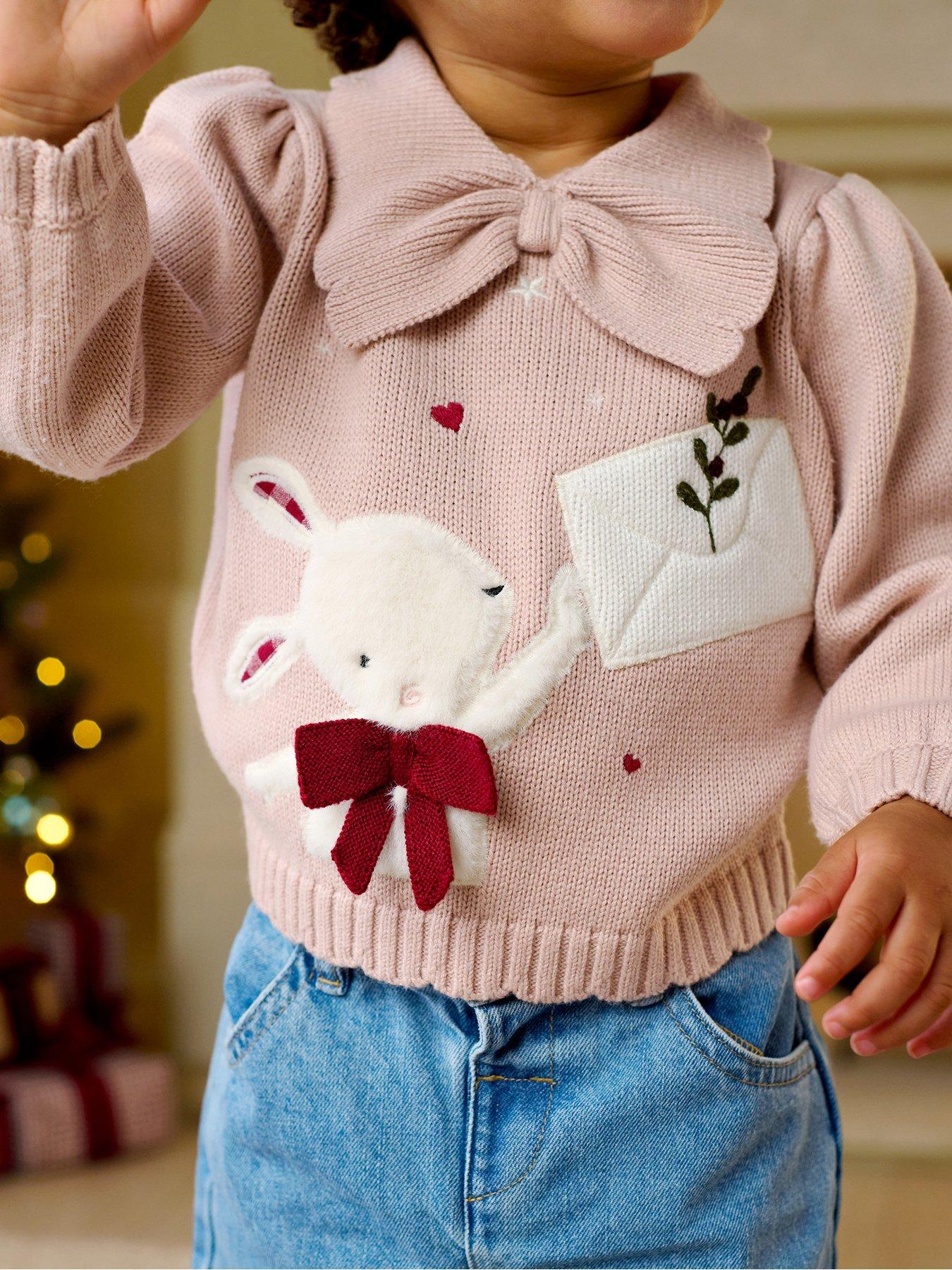 Mamas & Papas Baby Girls Bunny Character Collar Knitted Christmas Jumper - Pink