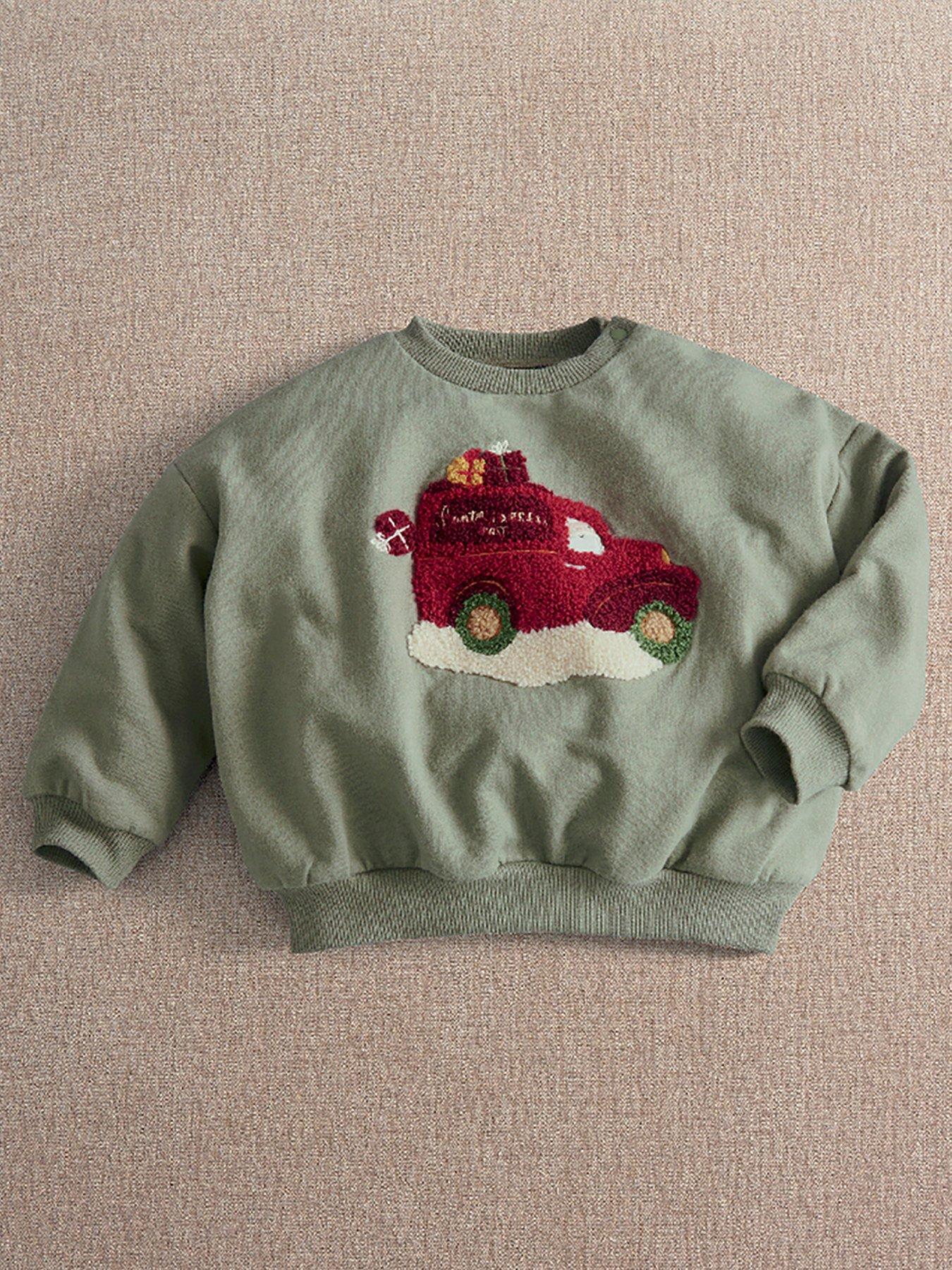 Image 1 of 3 of Mamas & Papas Boys Textured Christmas Truck Popper Shoulder Sweatshirt - Green
