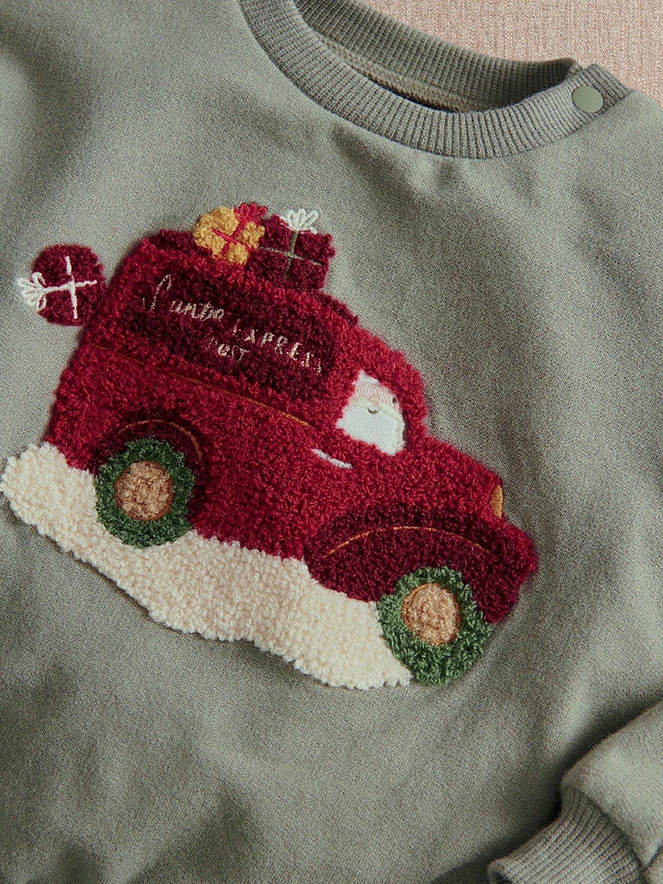 Image 2 of 3 of Mamas & Papas Boys Textured Christmas Truck Popper Shoulder Sweatshirt - Green
