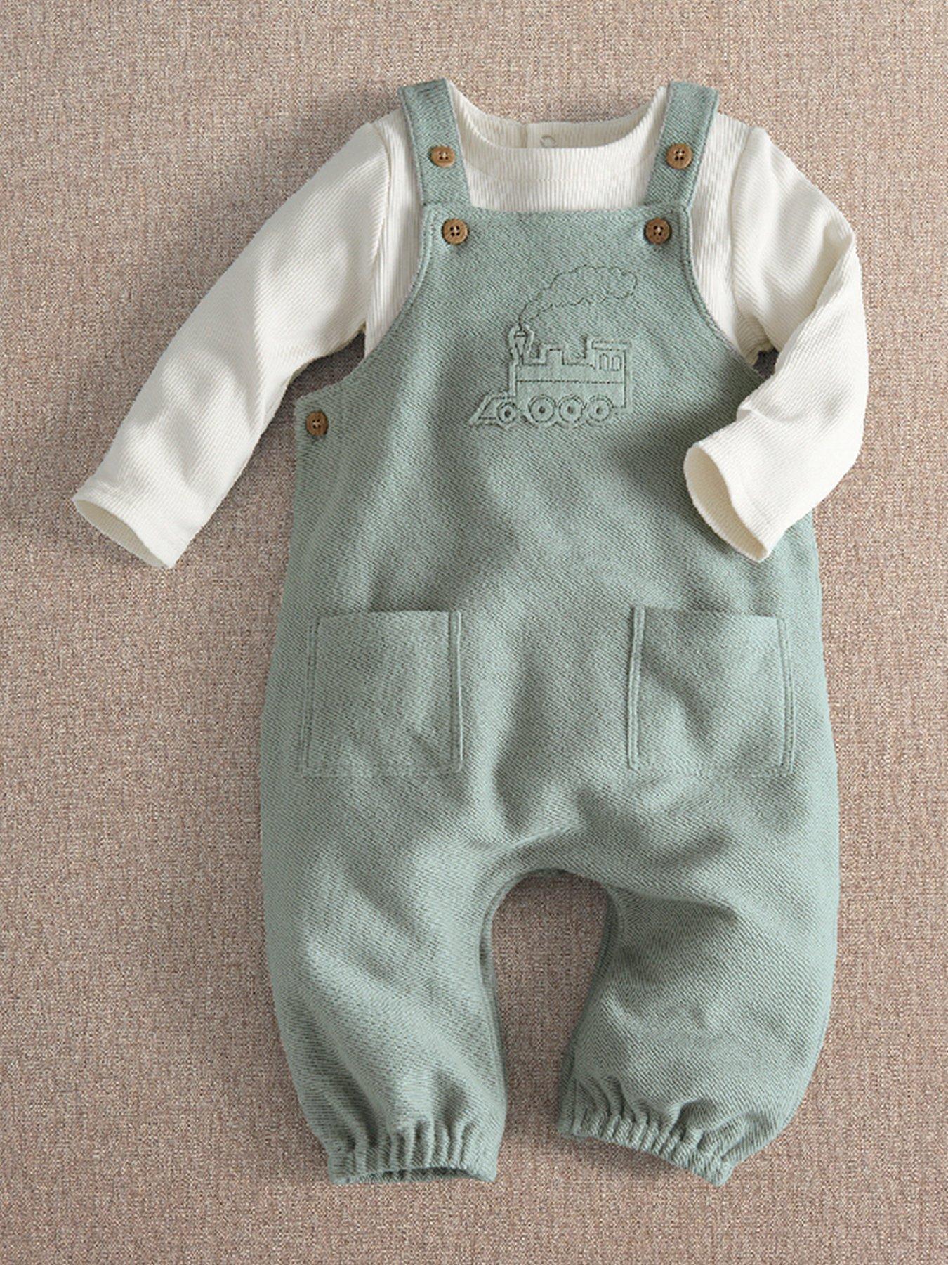 Mamas & Papas Boys Tractor Embroidered 2 Piece Dungaree Set - Green