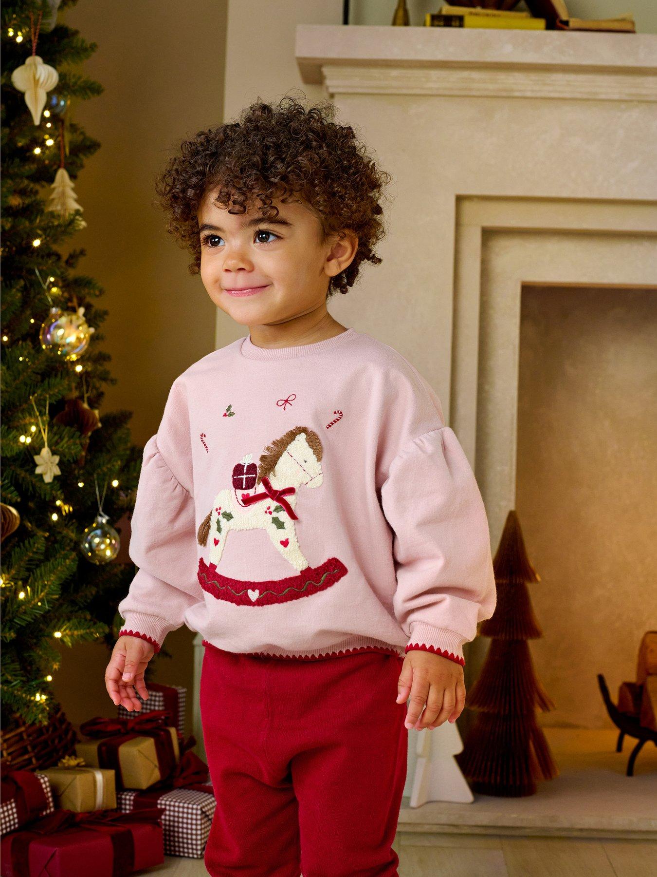 Image 1 of 7 of Mamas & Papas Baby Girls Rocking Horse Christmas Sweatshirt - Pink