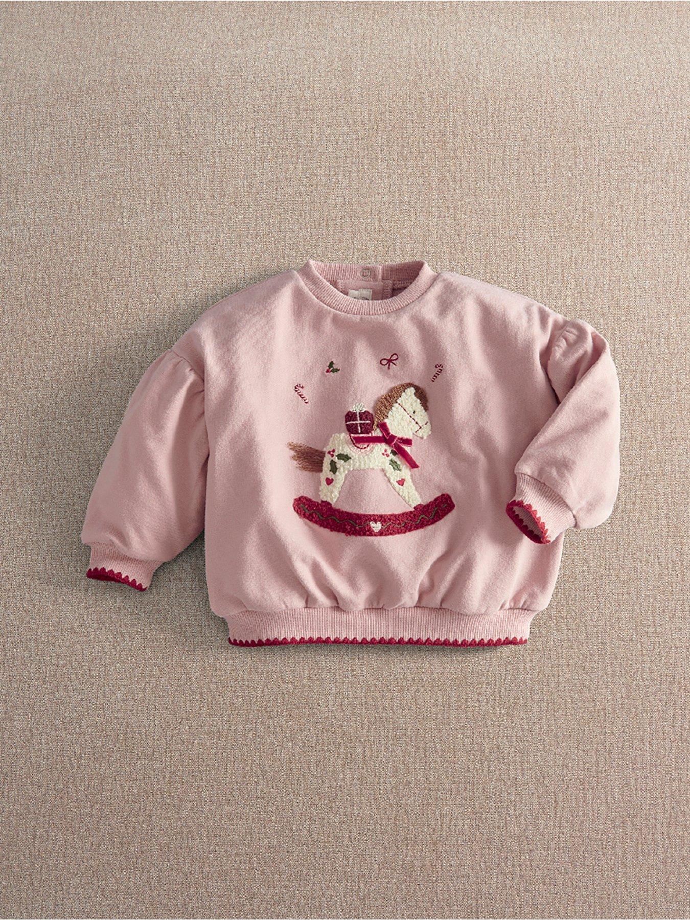 Image 2 of 7 of Mamas & Papas Baby Girls Rocking Horse Christmas Sweatshirt - Pink