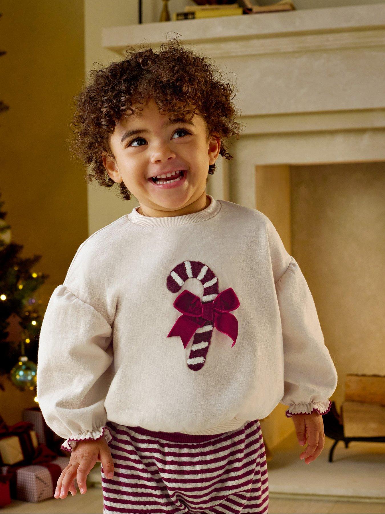 Mamas & Papas Baby Girls Textured Candy Cane Applique Velvet Bow Sweatshirt - Cream