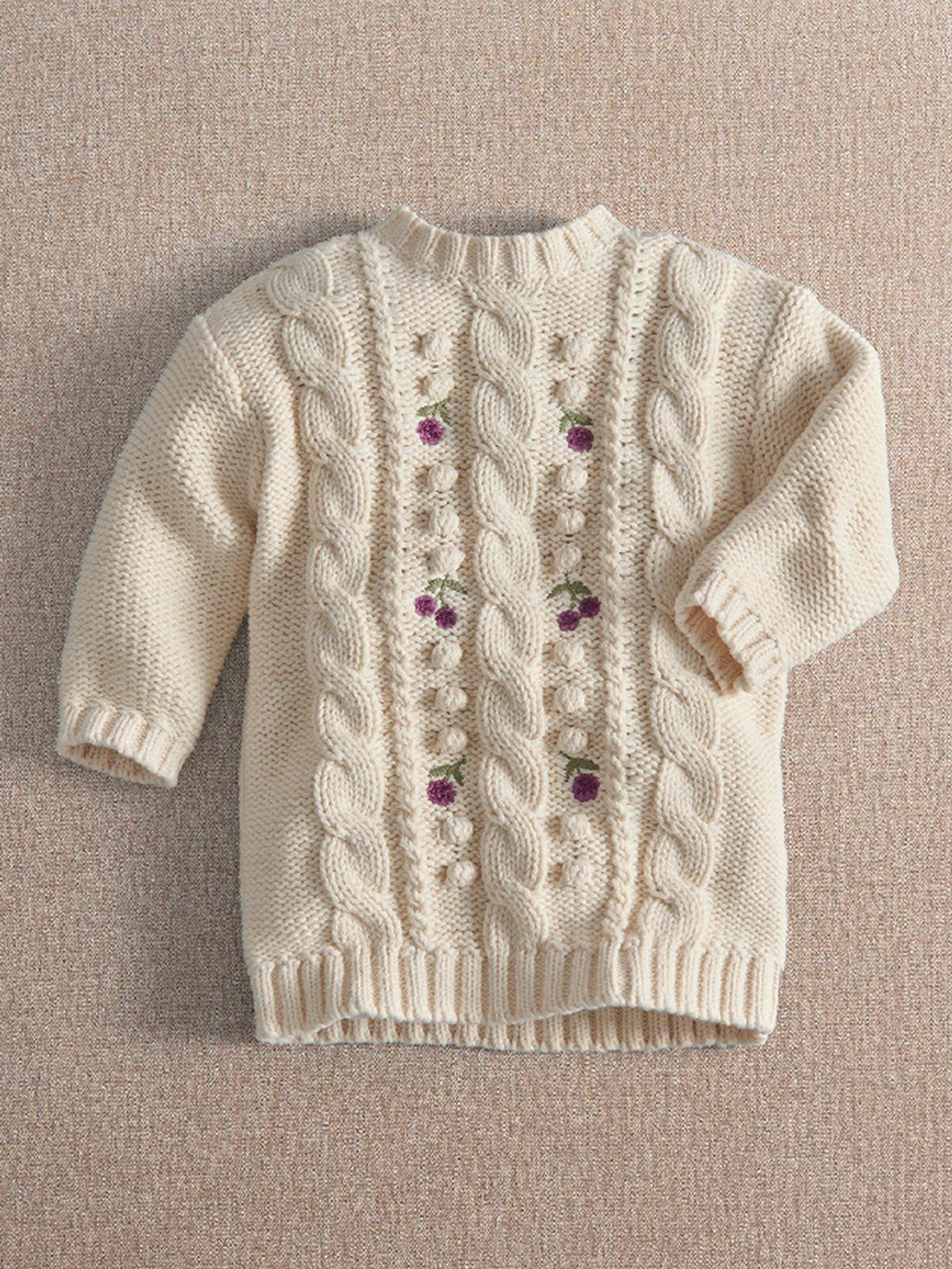 Mamas & Papas Girls Floral Embroidered Cable Knit Jumper Dress - Cream
