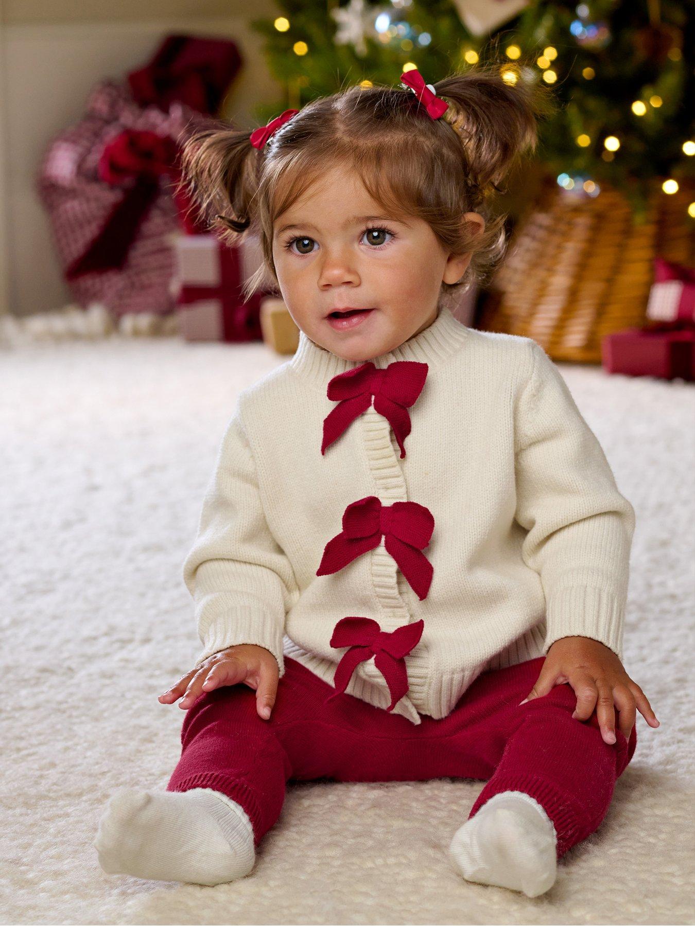 Mamas & Papas Girls Christmas Bow Detail Cardigan & Leggings Set - Red/Cream