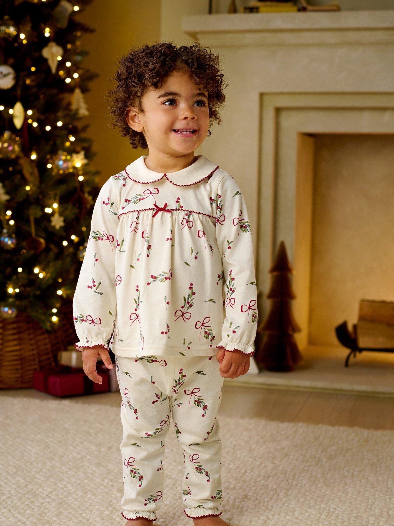 Mamas & Papas Baby Girls Pure Cotton Berry Bow Collared Christmas Pyjamas - White