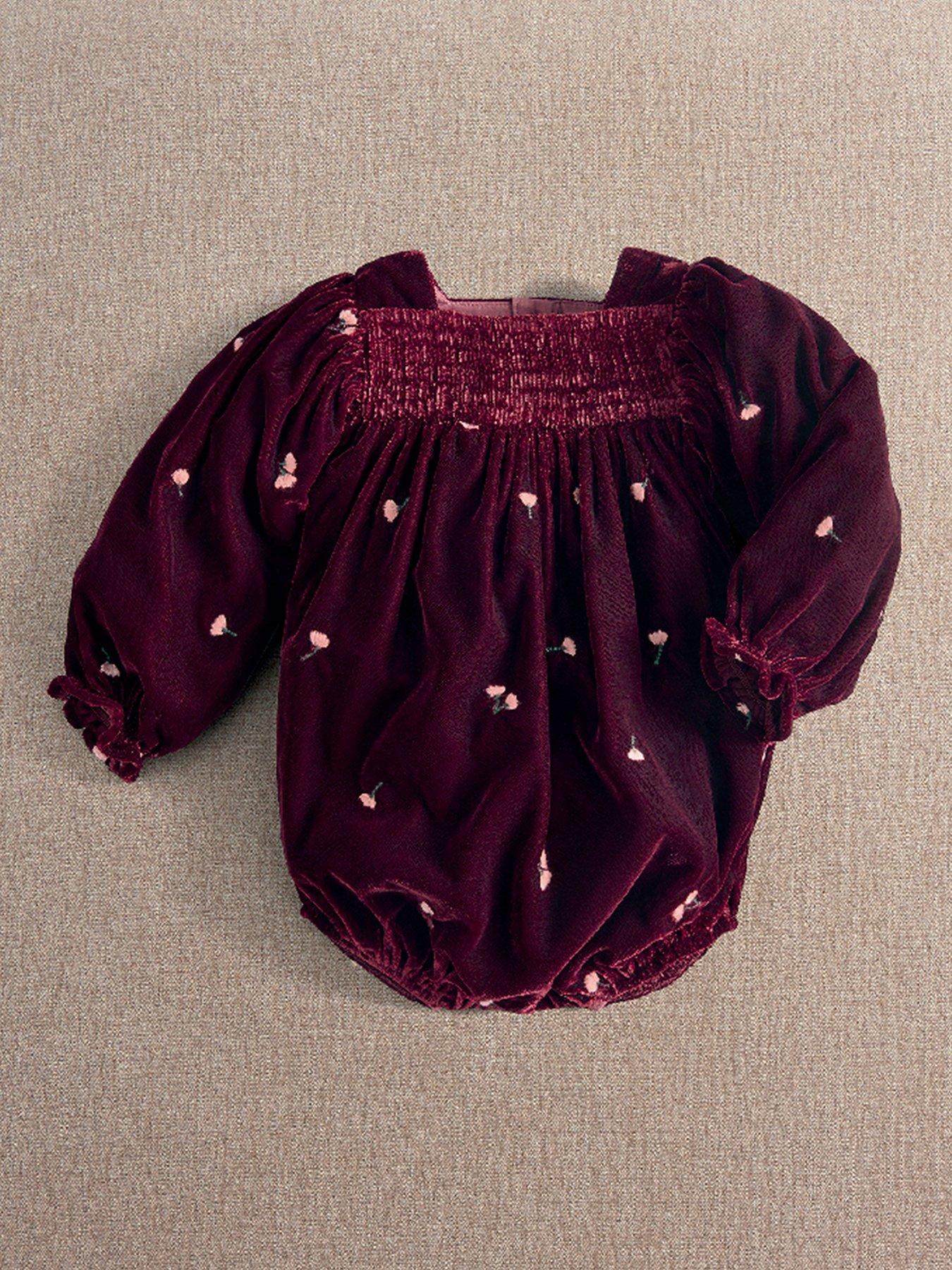 Mamas & Papas Girls Floral Embroidered Velour Romper - Dark Red