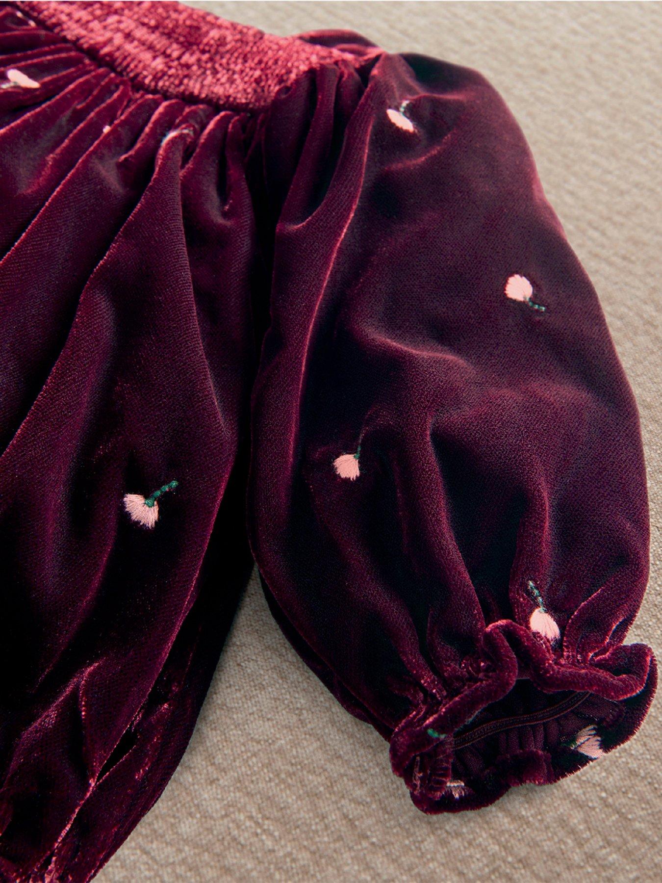 Image 2 of 4 of Mamas & Papas Girls Floral Embroidered Velour Romper - Dark Red