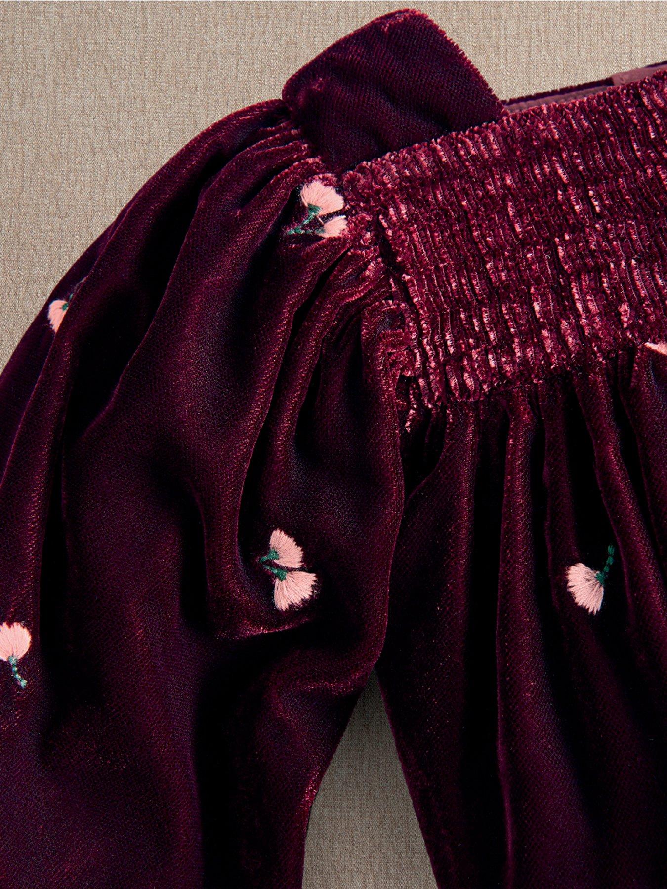 Image 3 of 4 of Mamas & Papas Girls Floral Embroidered Velour Romper - Dark Red