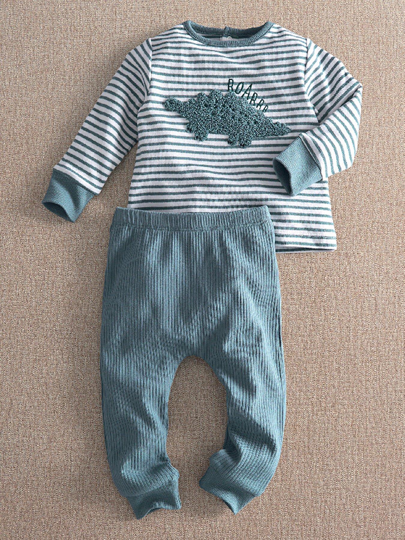 Mamas & Papas Baby Boys Dino Borg Detail Striped Jersey Pyjamas - Blue