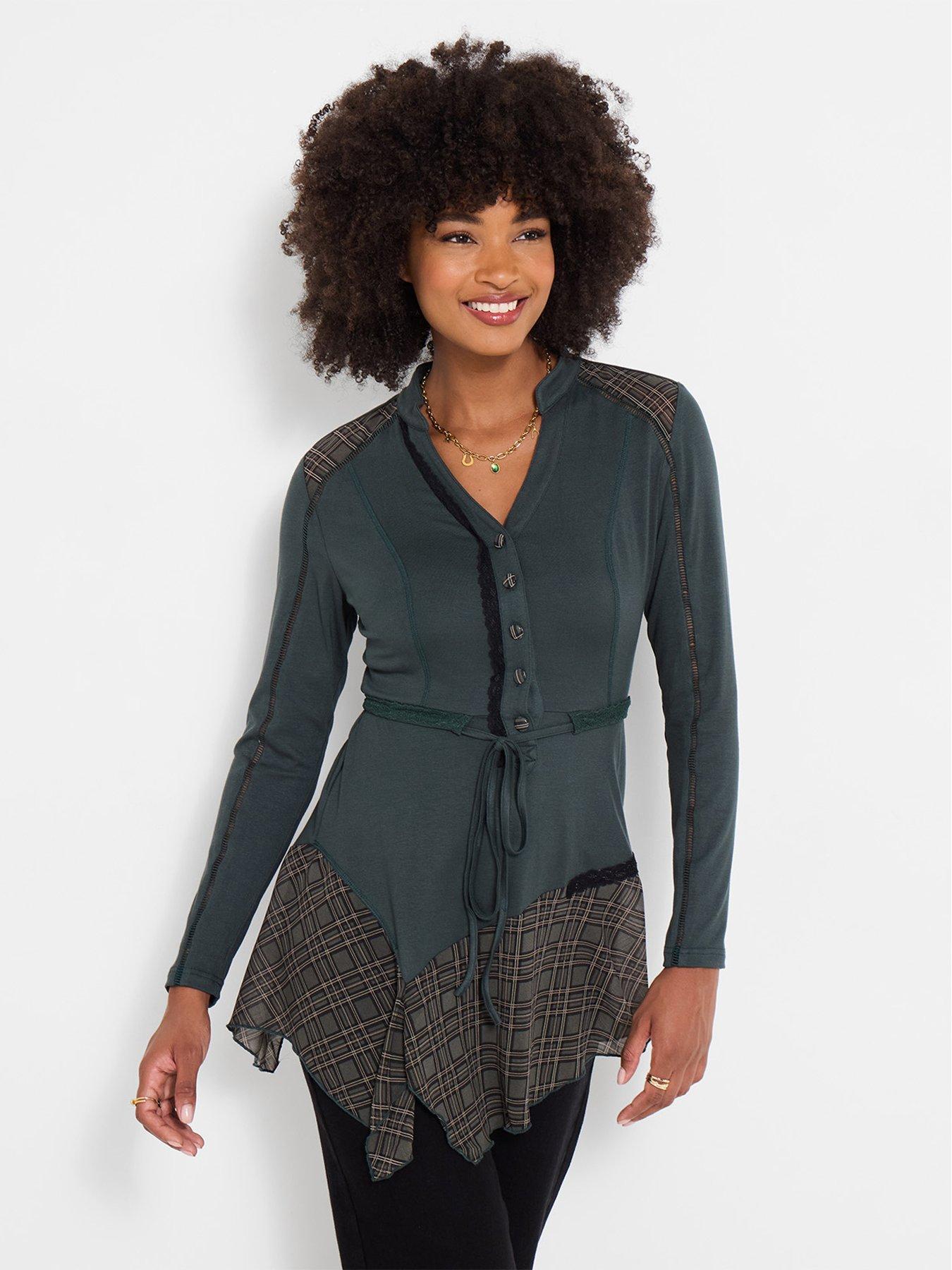 Image 1 of 5 of Joe Browns Womens Checked Panel Lace Detail Tunic Top - Green