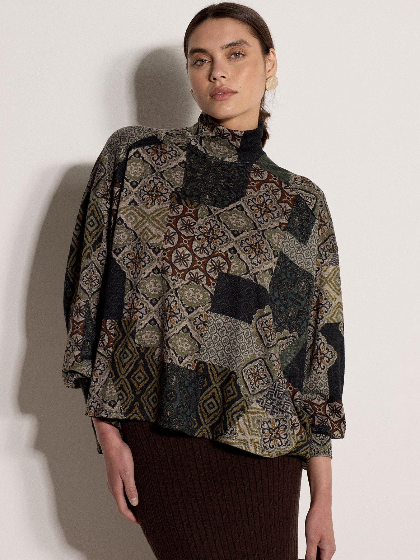 Image 1 of 4 of Apricot Womens Patchwork Tapestry Roll Neck Top - Green