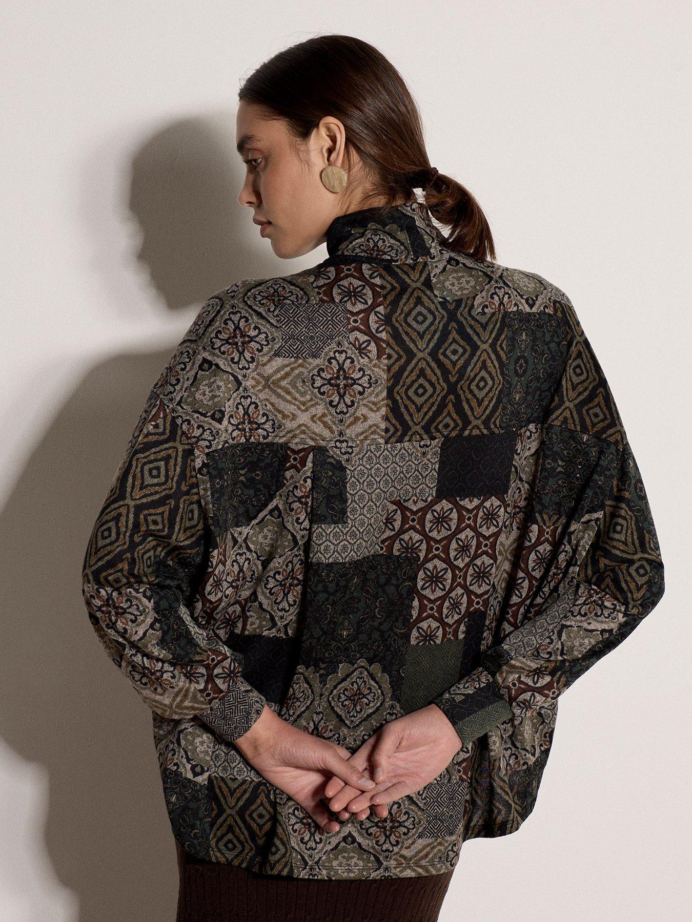 Image 2 of 4 of Apricot Womens Patchwork Tapestry Roll Neck Top - Green