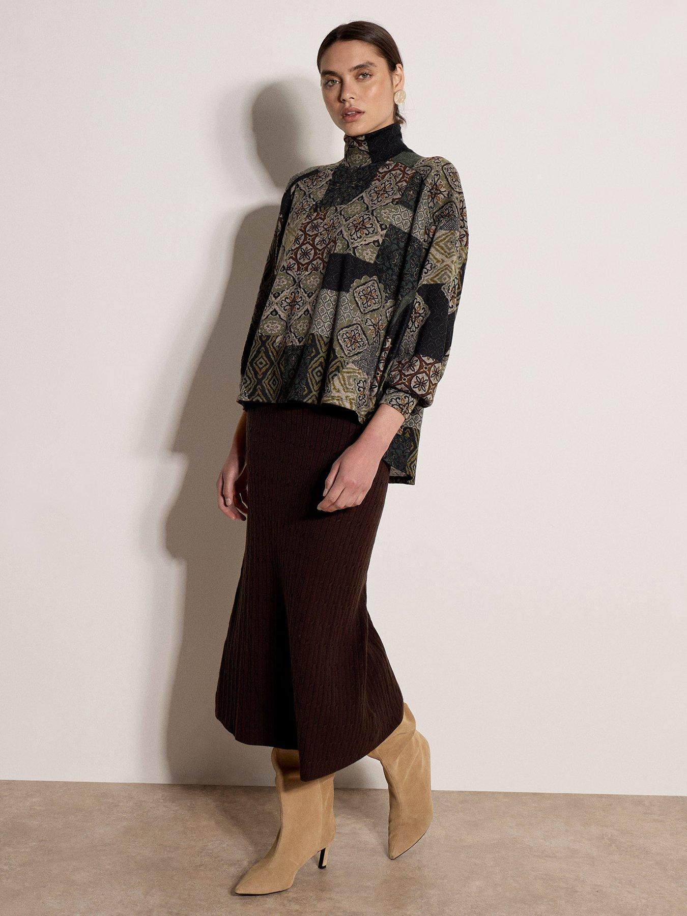 Image 3 of 4 of Apricot Womens Patchwork Tapestry Roll Neck Top - Green