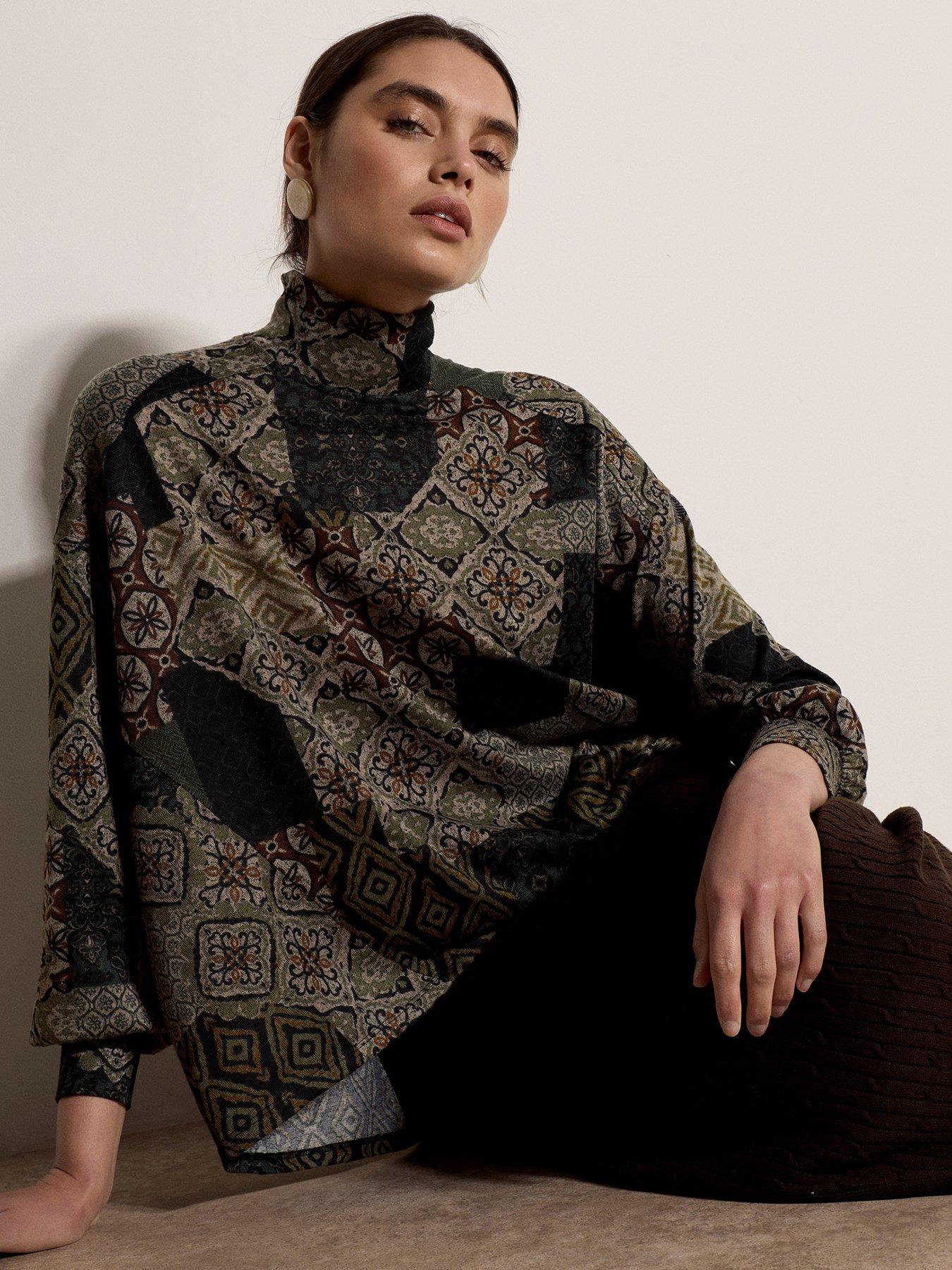 Image 4 of 4 of Apricot Womens Patchwork Tapestry Roll Neck Top - Green