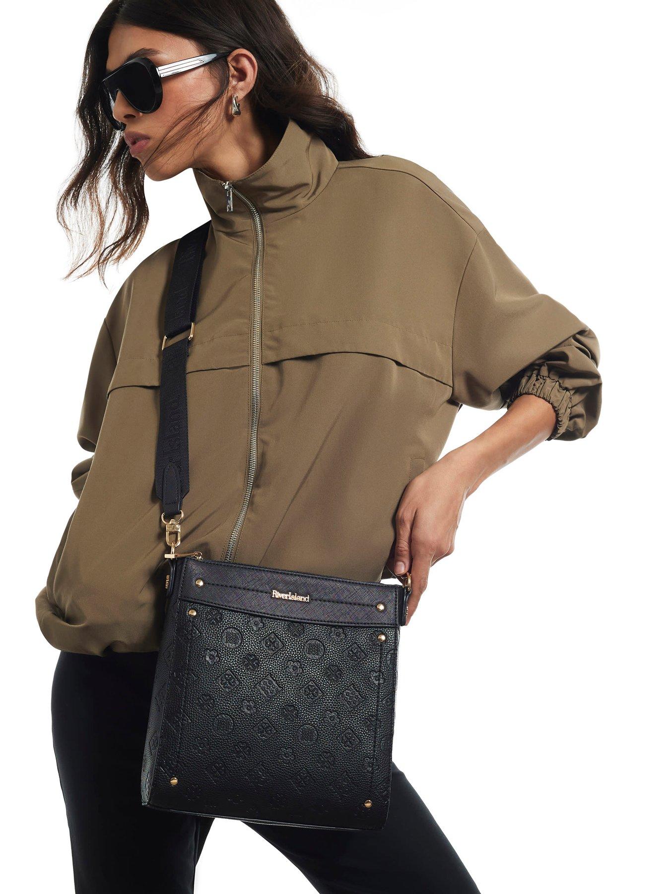 Image 1 of 6 of River Island Womens Monogram Emboss Zip Top Messenger Bag - Black