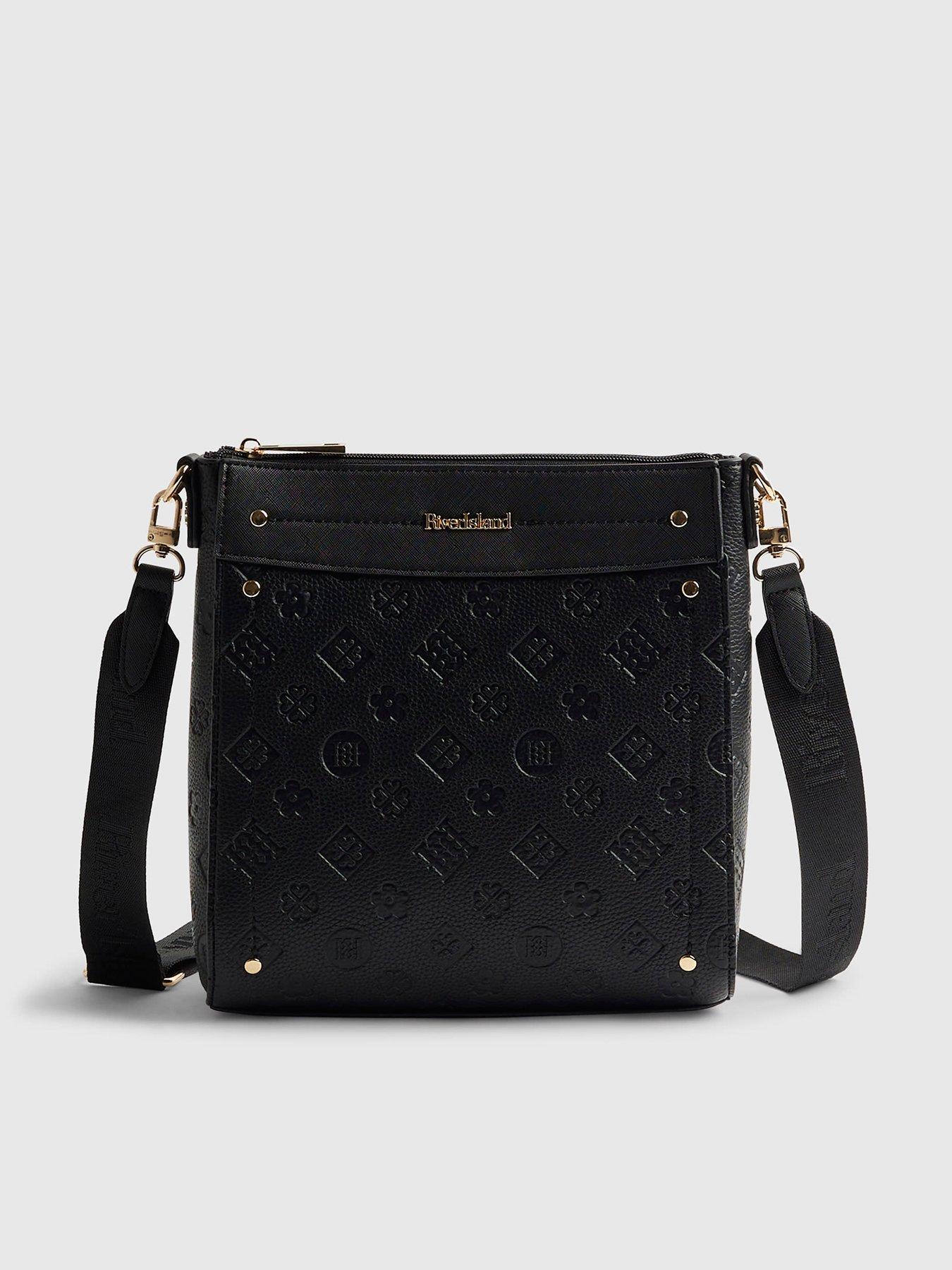 Image 2 of 6 of River Island Womens Monogram Emboss Zip Top Messenger Bag - Black
