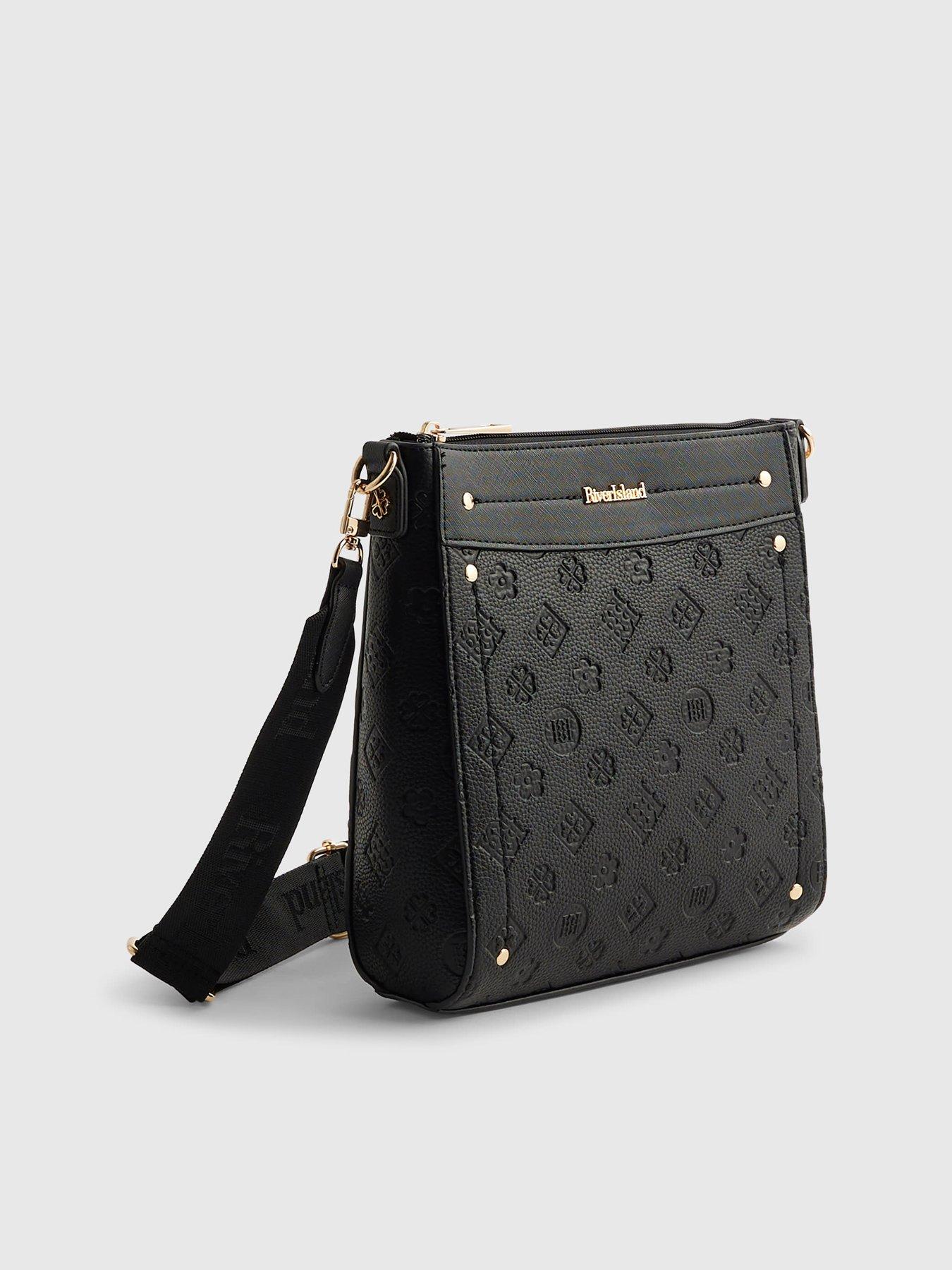 Image 3 of 6 of River Island Womens Monogram Emboss Zip Top Messenger Bag - Black