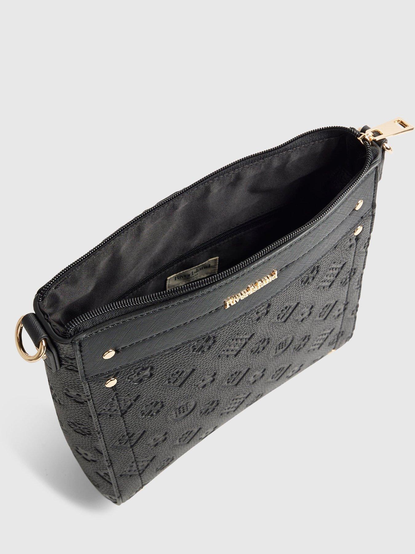 Image 4 of 6 of River Island Womens Monogram Emboss Zip Top Messenger Bag - Black