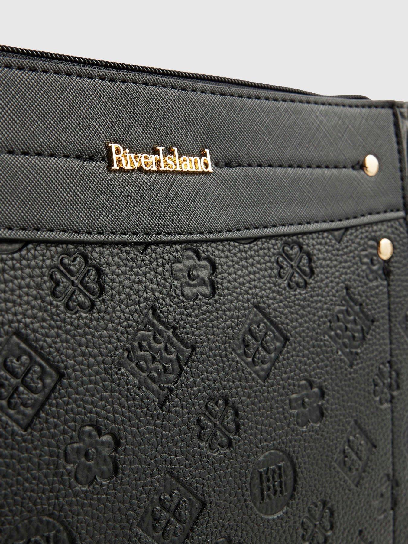 Image 6 of 6 of River Island Womens Monogram Emboss Zip Top Messenger Bag - Black