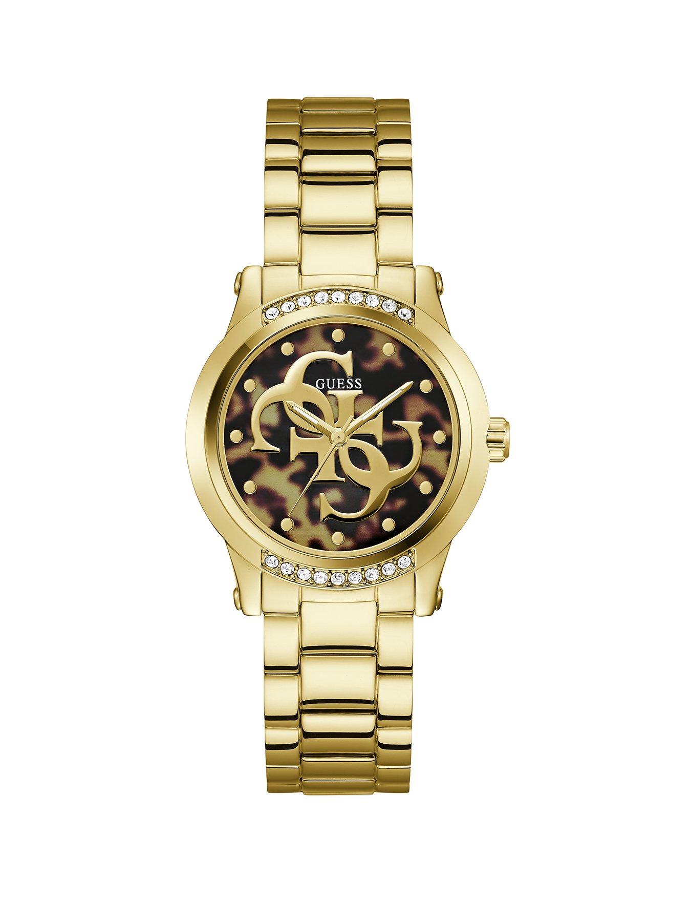 Image 1 of 6 of Guess GUESS Ladies Gold tone stone set watch with black dial and gold tone G logo detail