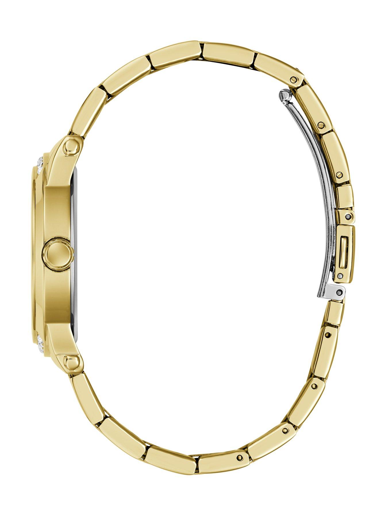 Image 3 of 6 of Guess GUESS Ladies Gold tone stone set watch with black dial and gold tone G logo detail