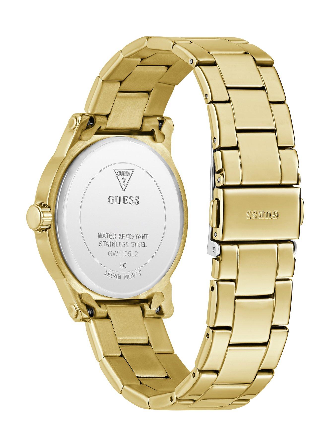 Image 4 of 6 of Guess GUESS Ladies Gold tone stone set watch with black dial and gold tone G logo detail