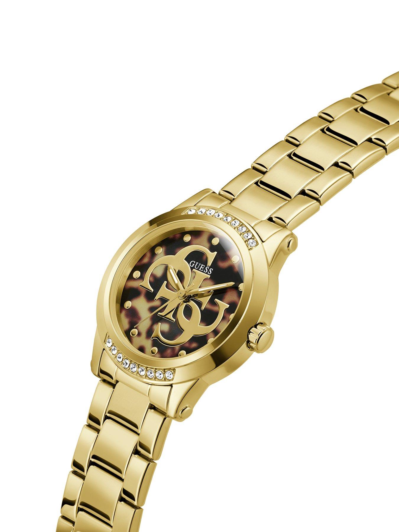 Image 5 of 6 of Guess GUESS Ladies Gold tone stone set watch with black dial and gold tone G logo detail