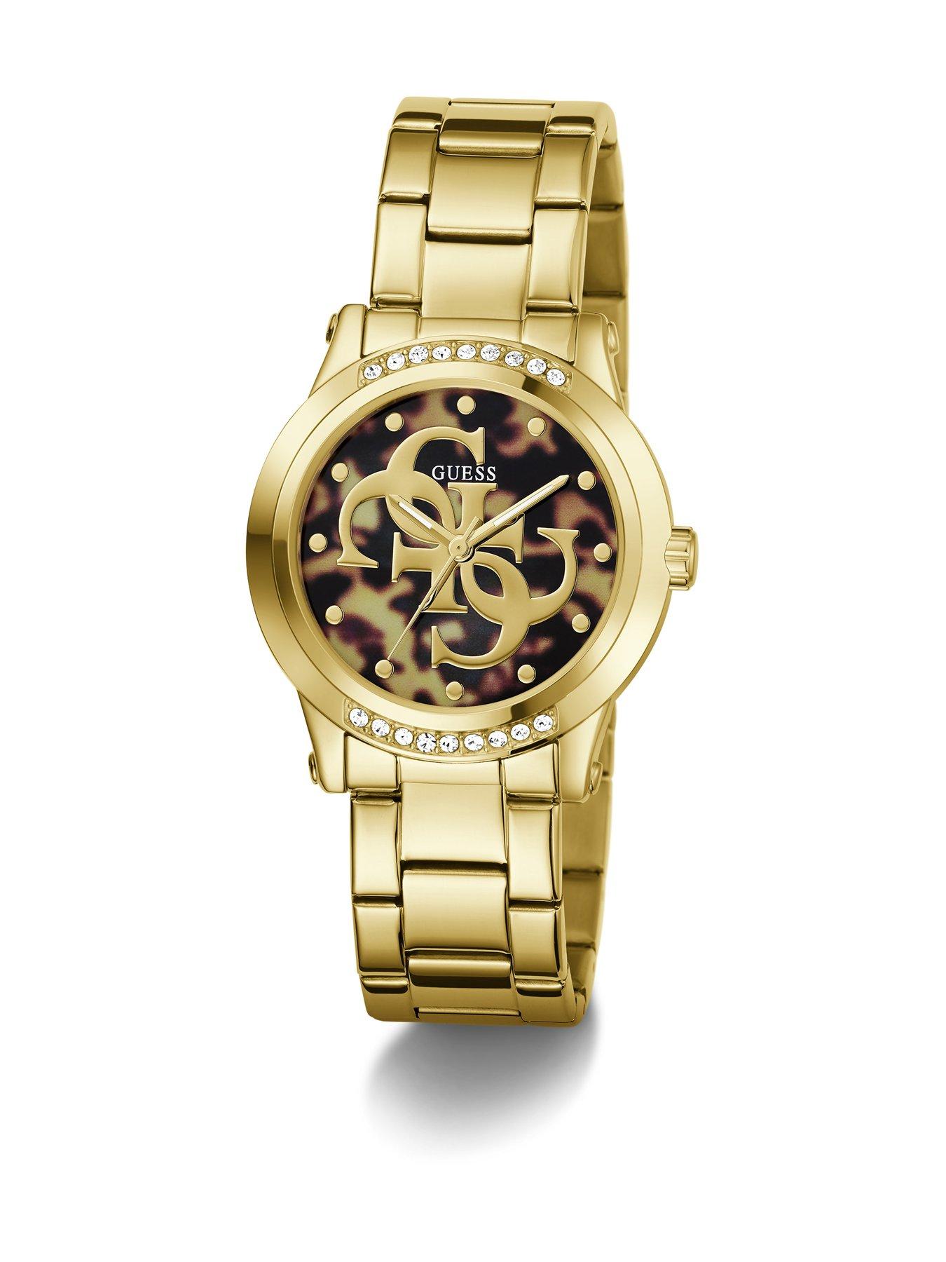 Image 6 of 6 of Guess GUESS Ladies Gold tone stone set watch with black dial and gold tone G logo detail